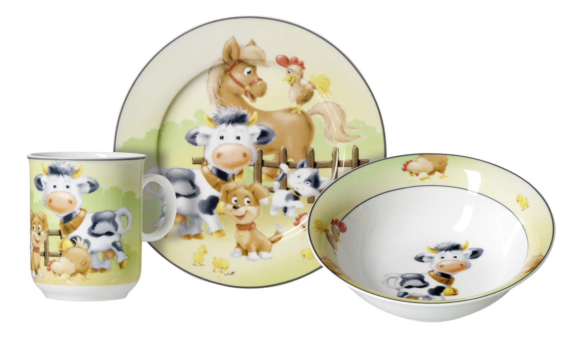 Kindergeschirr mit Kuh, Pferd, Hund, Katze und Huhn