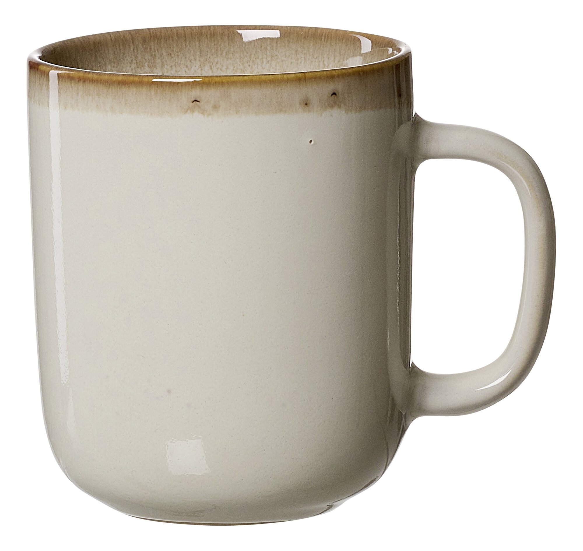 Hellbeige Keramiktasse mit braunem Rand und großem Henkel
