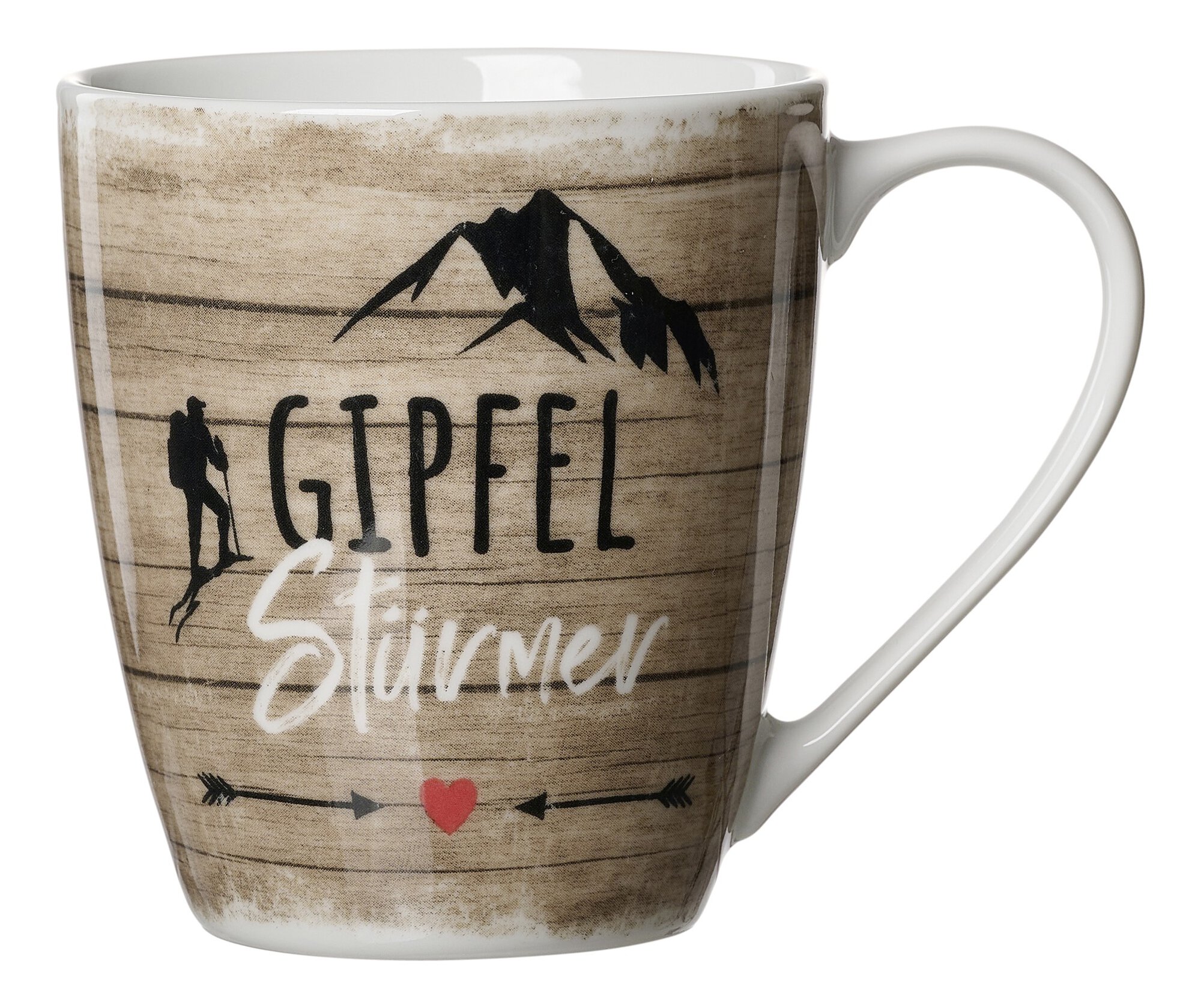 Weiße Tasse mit Gipfelstürmer Schrift und Bergmotiv