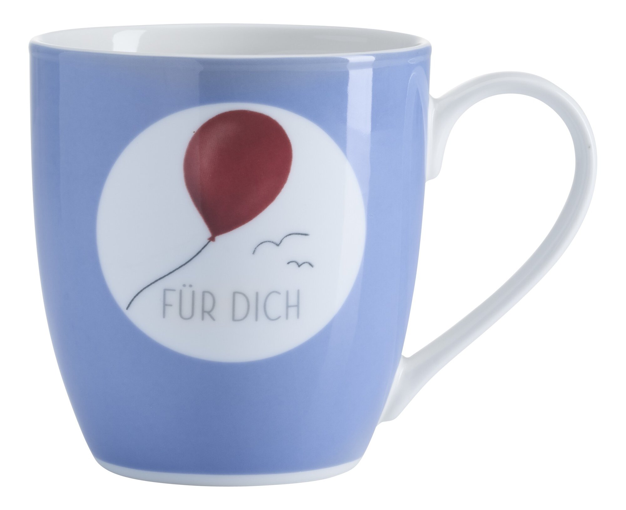 Blaue Kaffeetasse mit rotem Luftballon und Schrift Für Dich