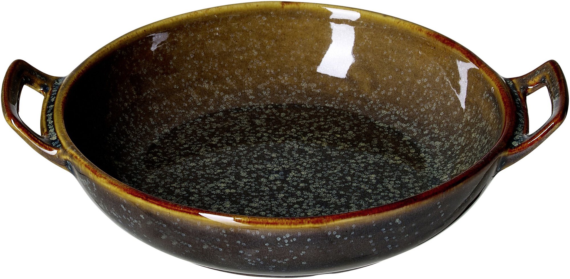 Braune keramische Auflaufform mit zwei Griffen