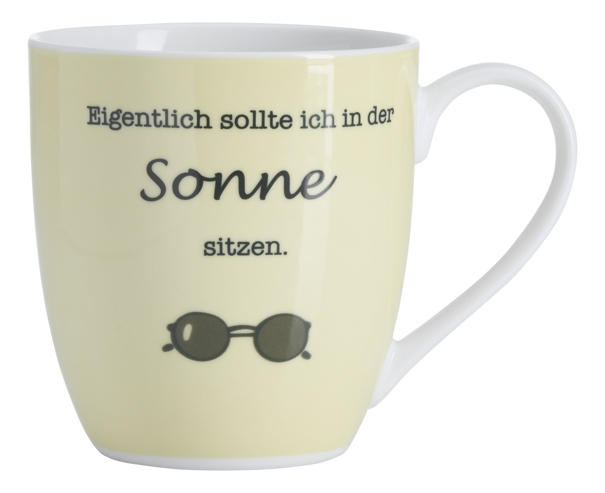 Beige Tasse mit Aufschrift 'Eigentlich sollte ich in der Son