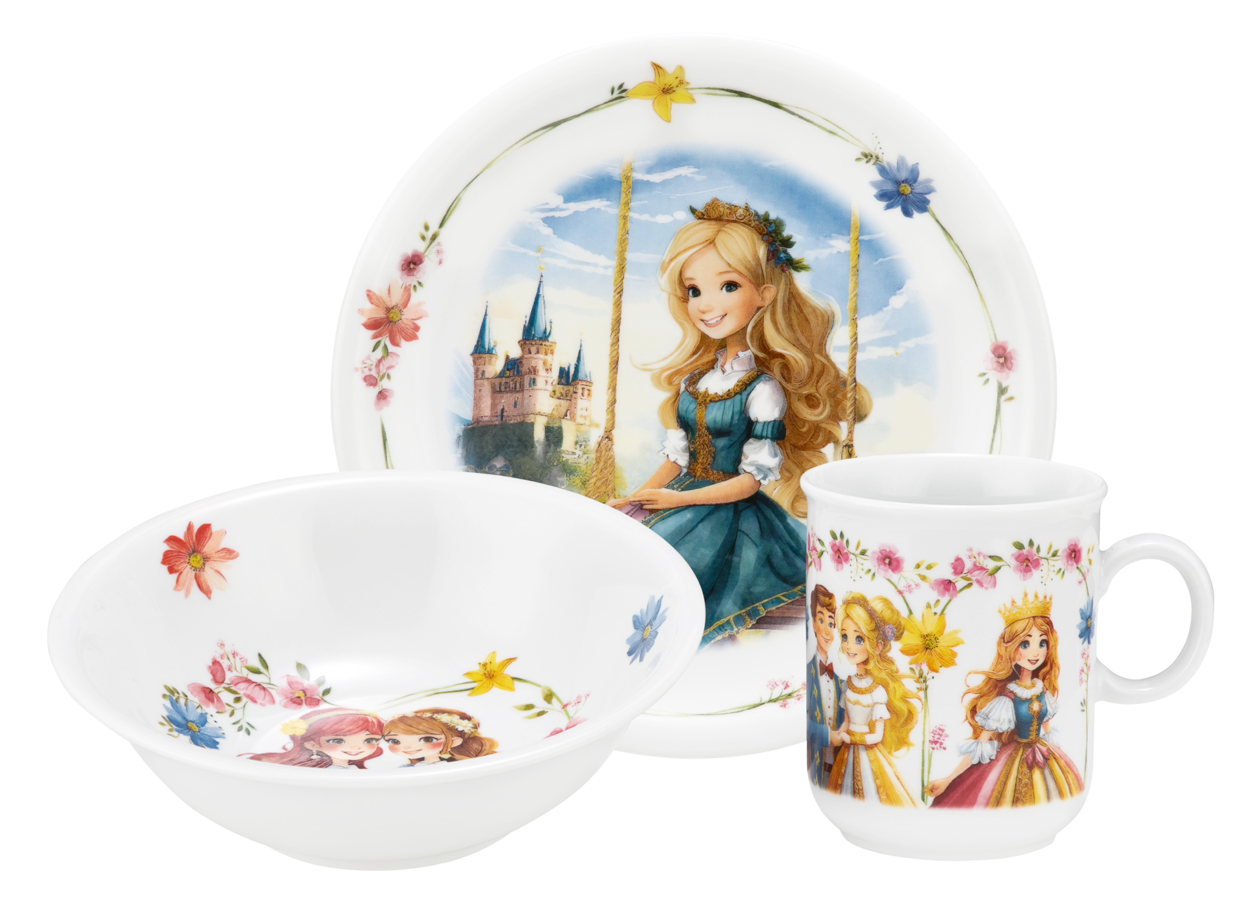 Kindergeschirr-Set mit Prinzessinnen-Motiv auf Teller, Schal