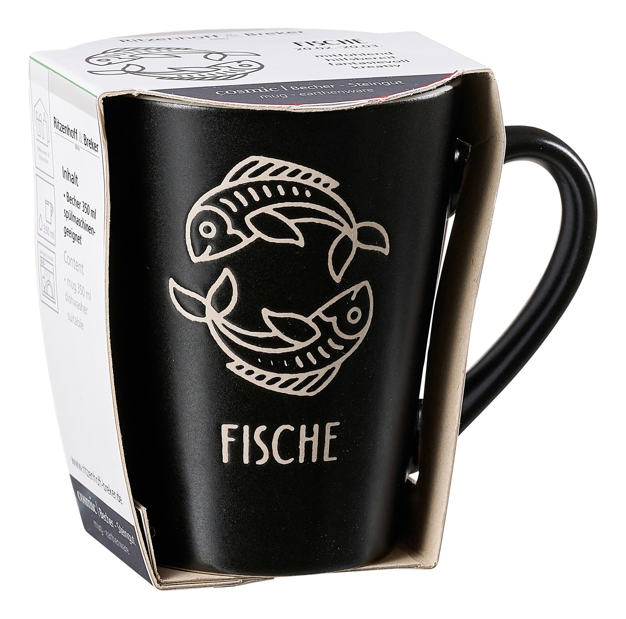 Schwarzer Becher mit Fische Sternzeichen Motiv und Griff