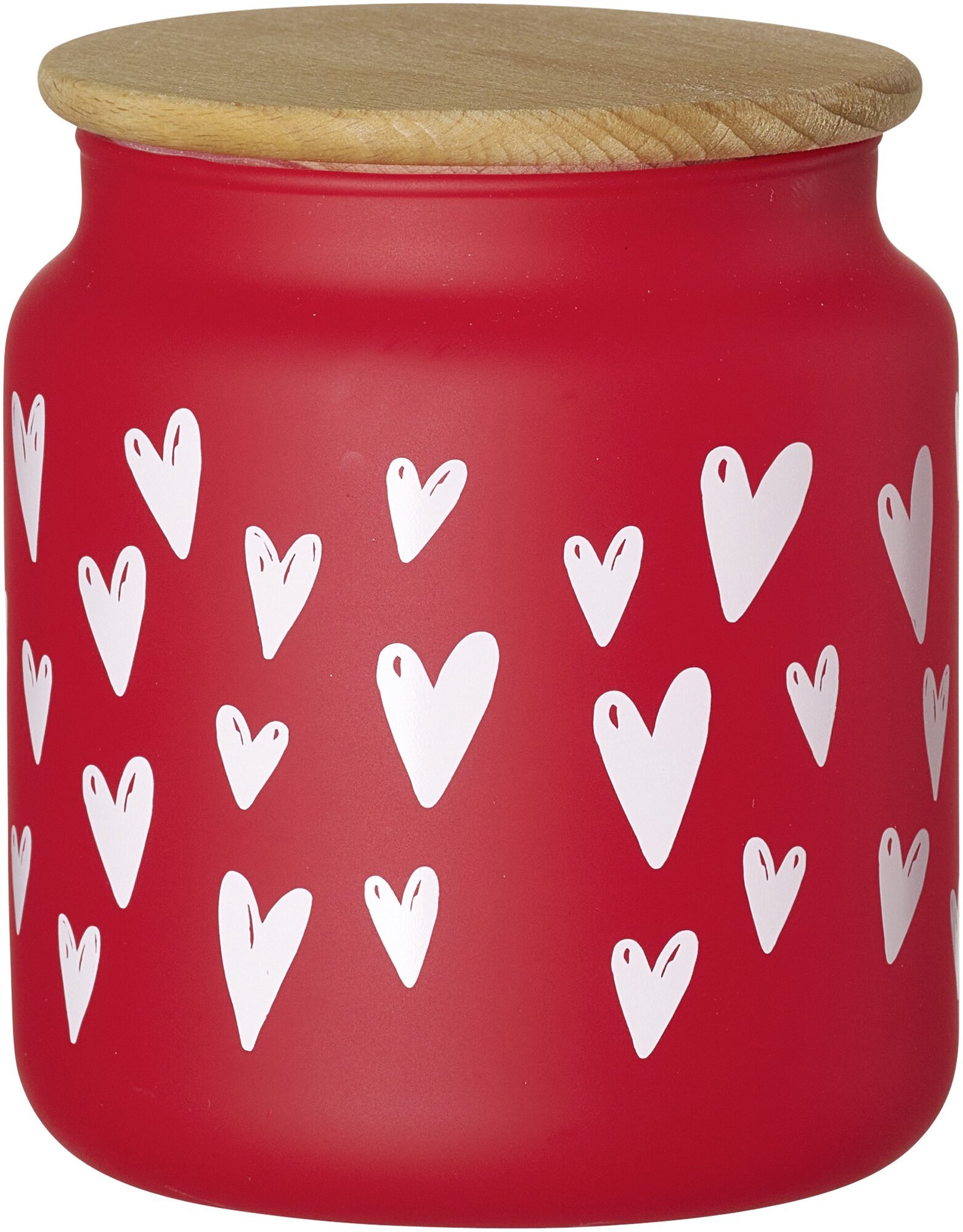 Vorratsglas rot mit Herz-Dekor und Holzdeckel