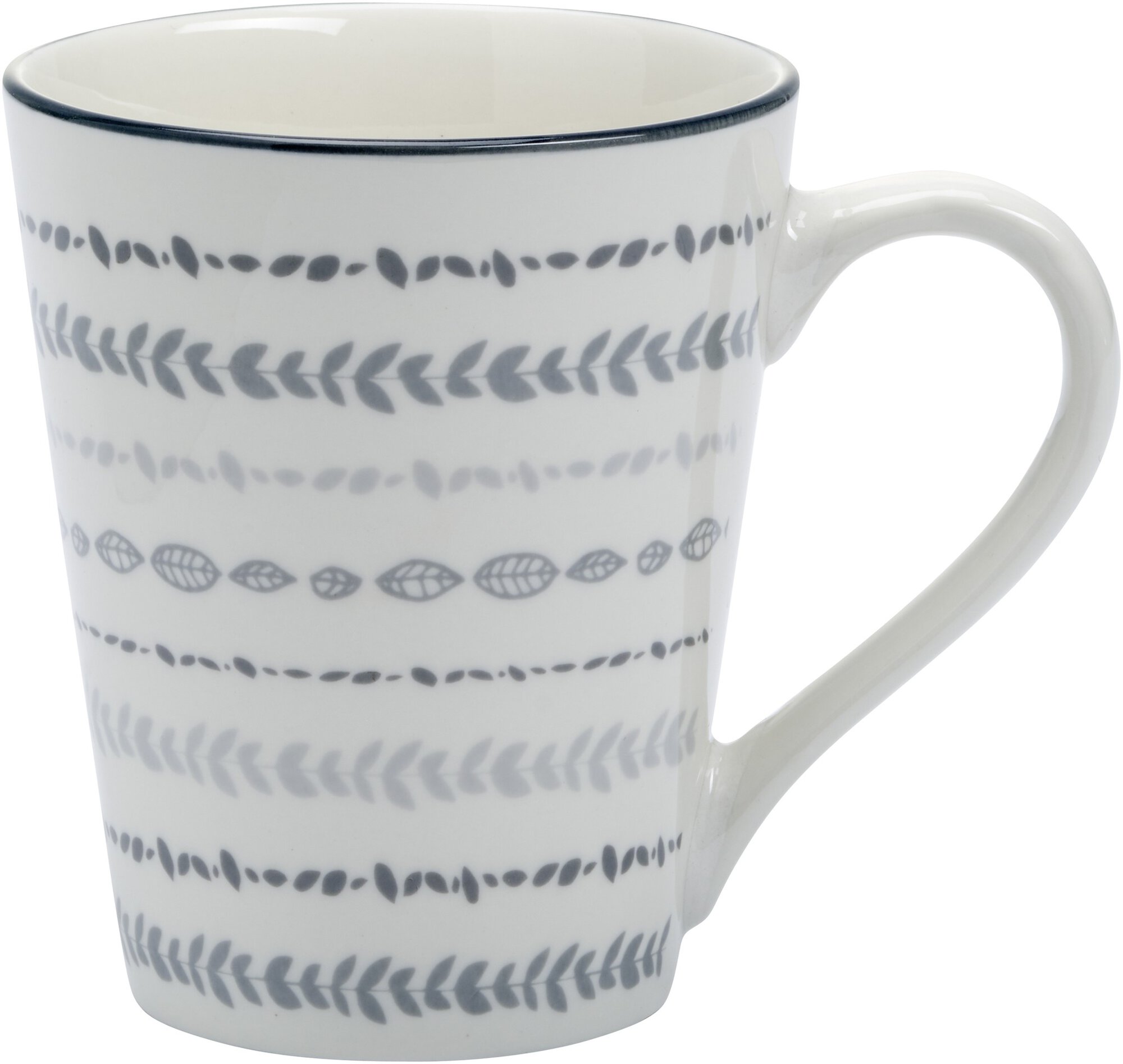 Weiße Tasse mit grauem Blattmuster und Henkel