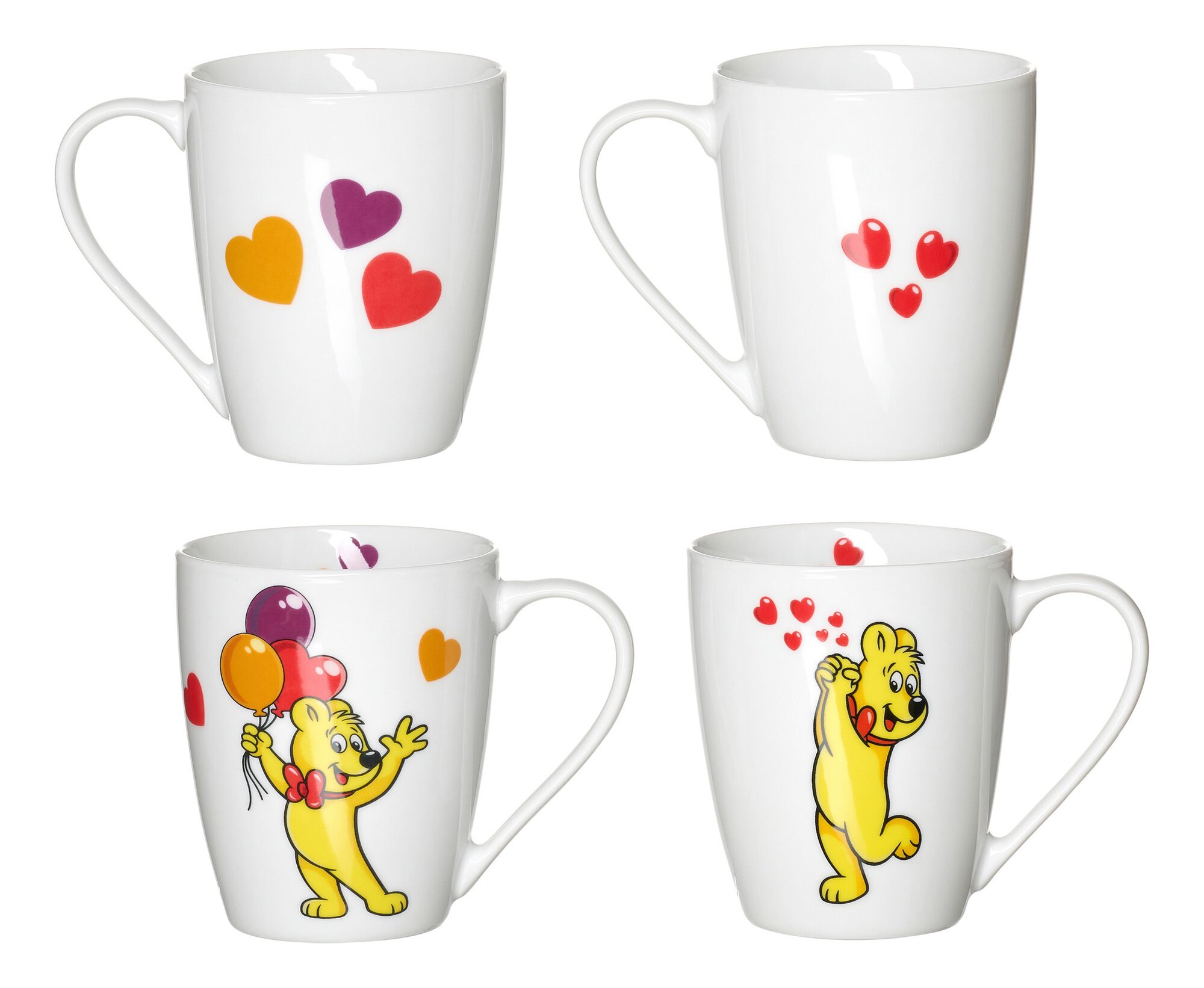 Set aus weißen Kaffeetassen mit Herzen und gelbem Bären mit