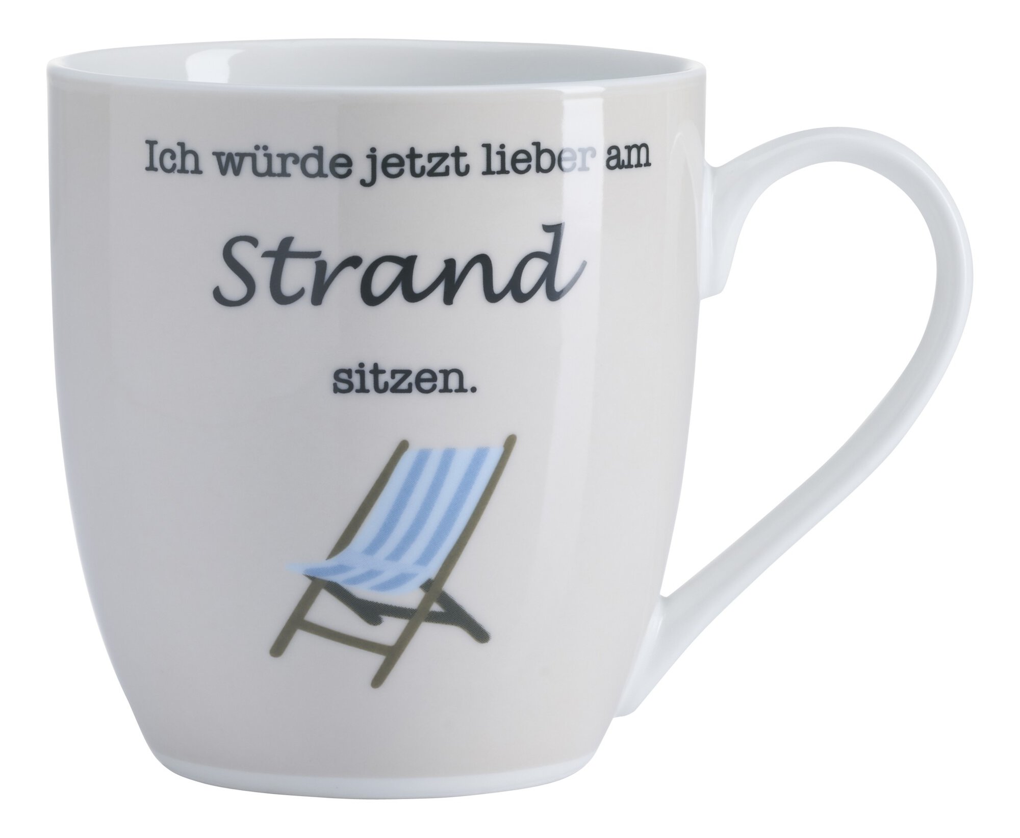 Weiße Tasse mit Spruch Ich würde jetzt lieber am Strand sitz