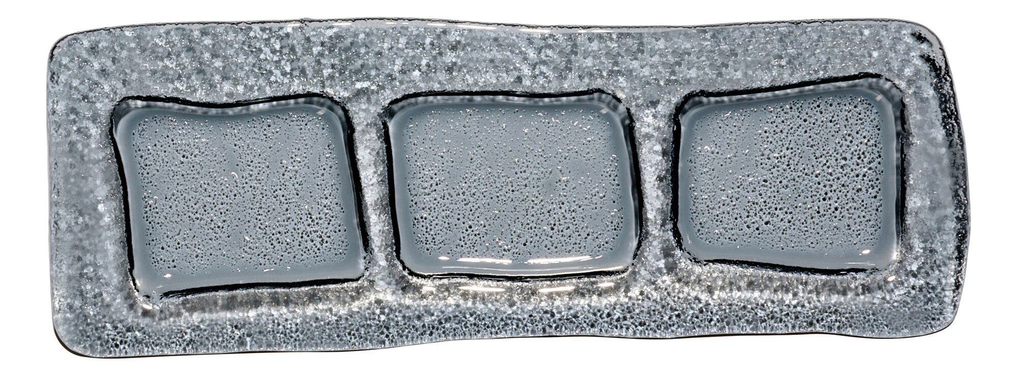 Dreiteiliges graues Dekotablett aus Glas mit Struktur