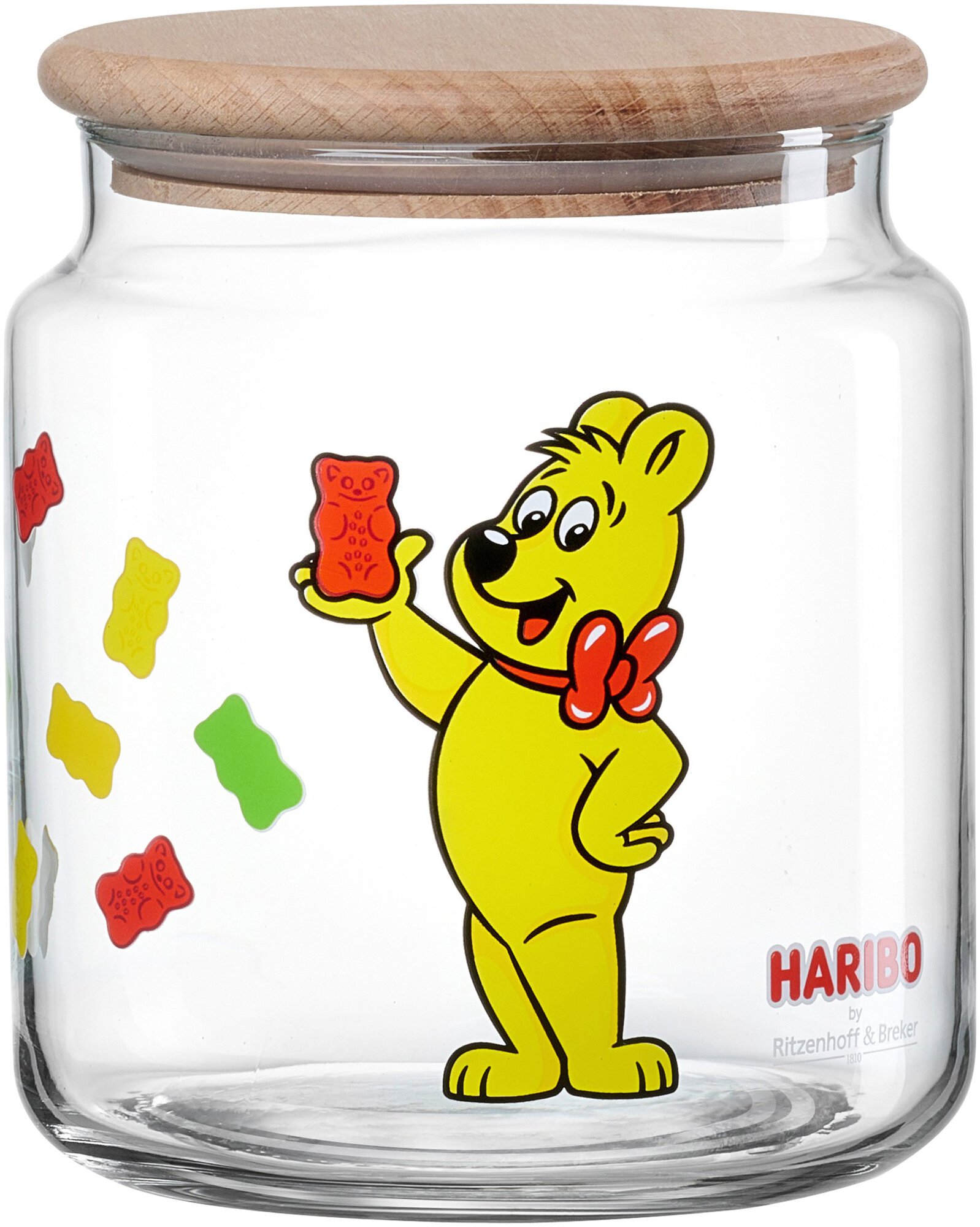 Glas mit Holzdeckel und Haribo Goldbär-Motiv für Süßigkeiten