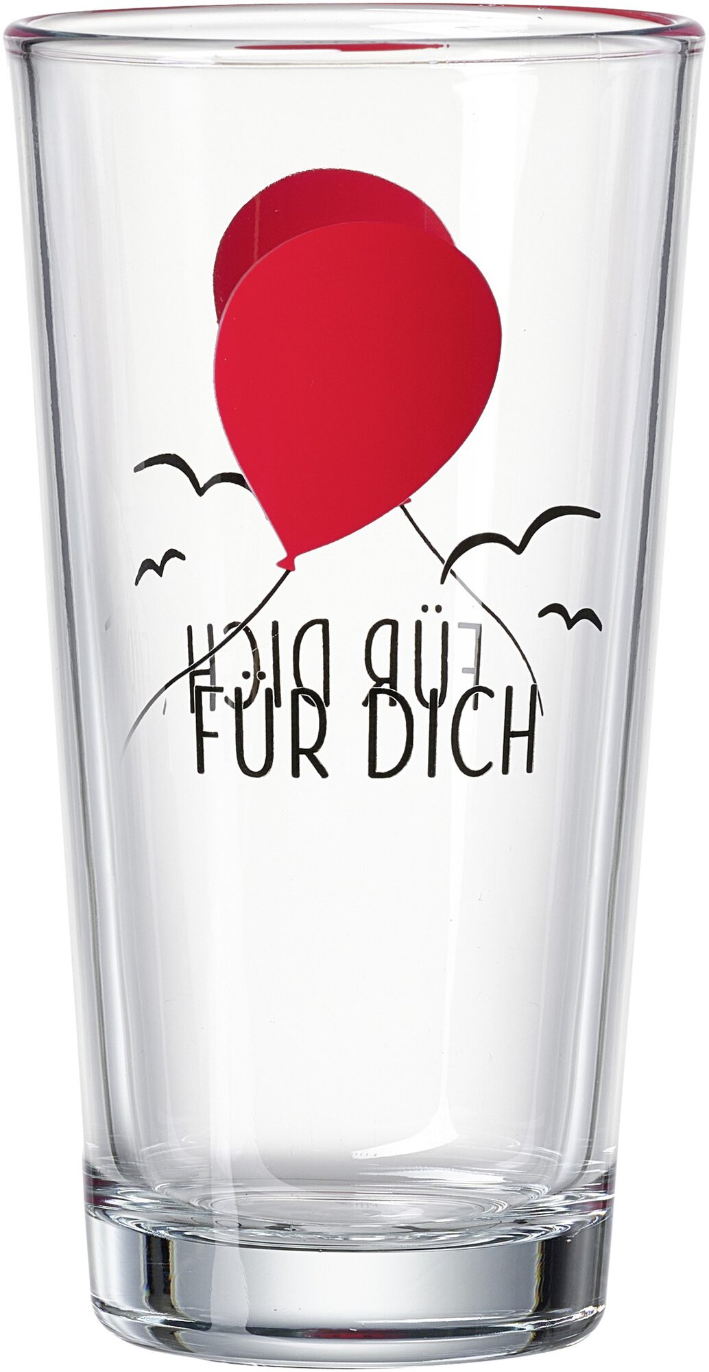 Klares Trinkglas mit rotem Herzballon und Text für dich