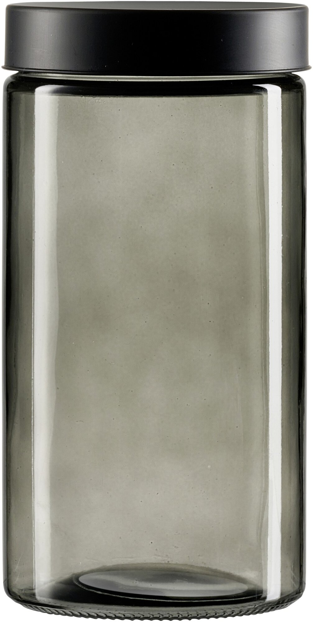 Leere Glas Vorratsdose mit schwarzem Kunststoffdeckel