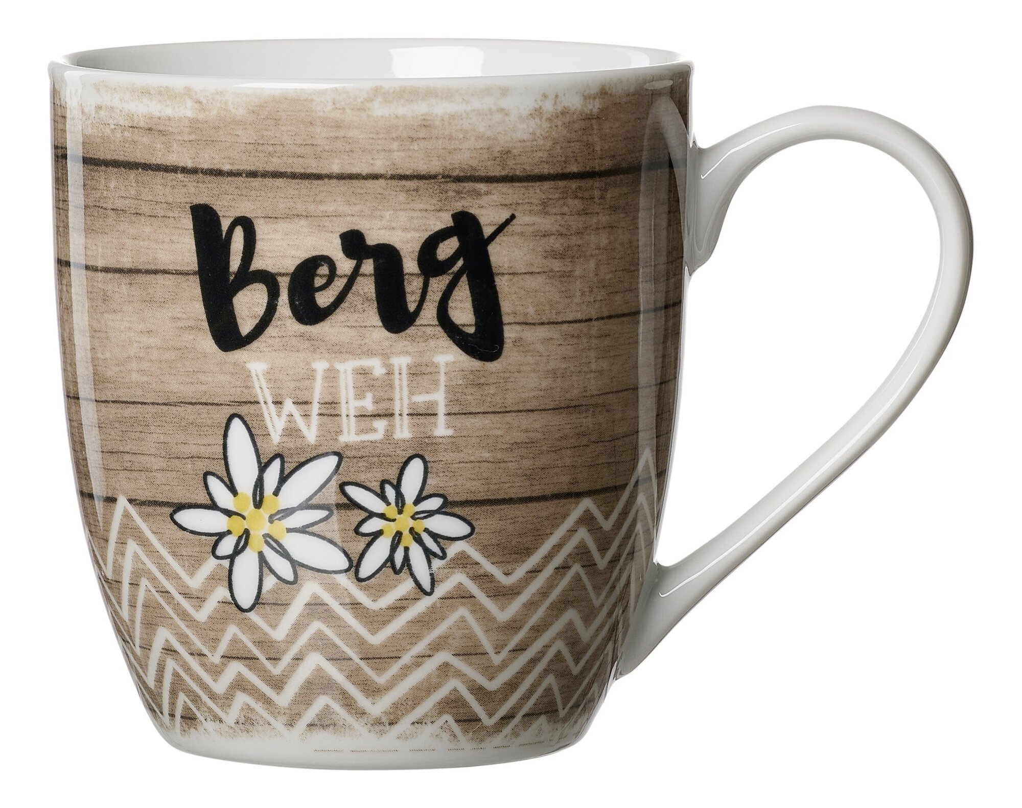 Kaffeetasse mit Bergweh Schriftzug und Edelweiß Muster