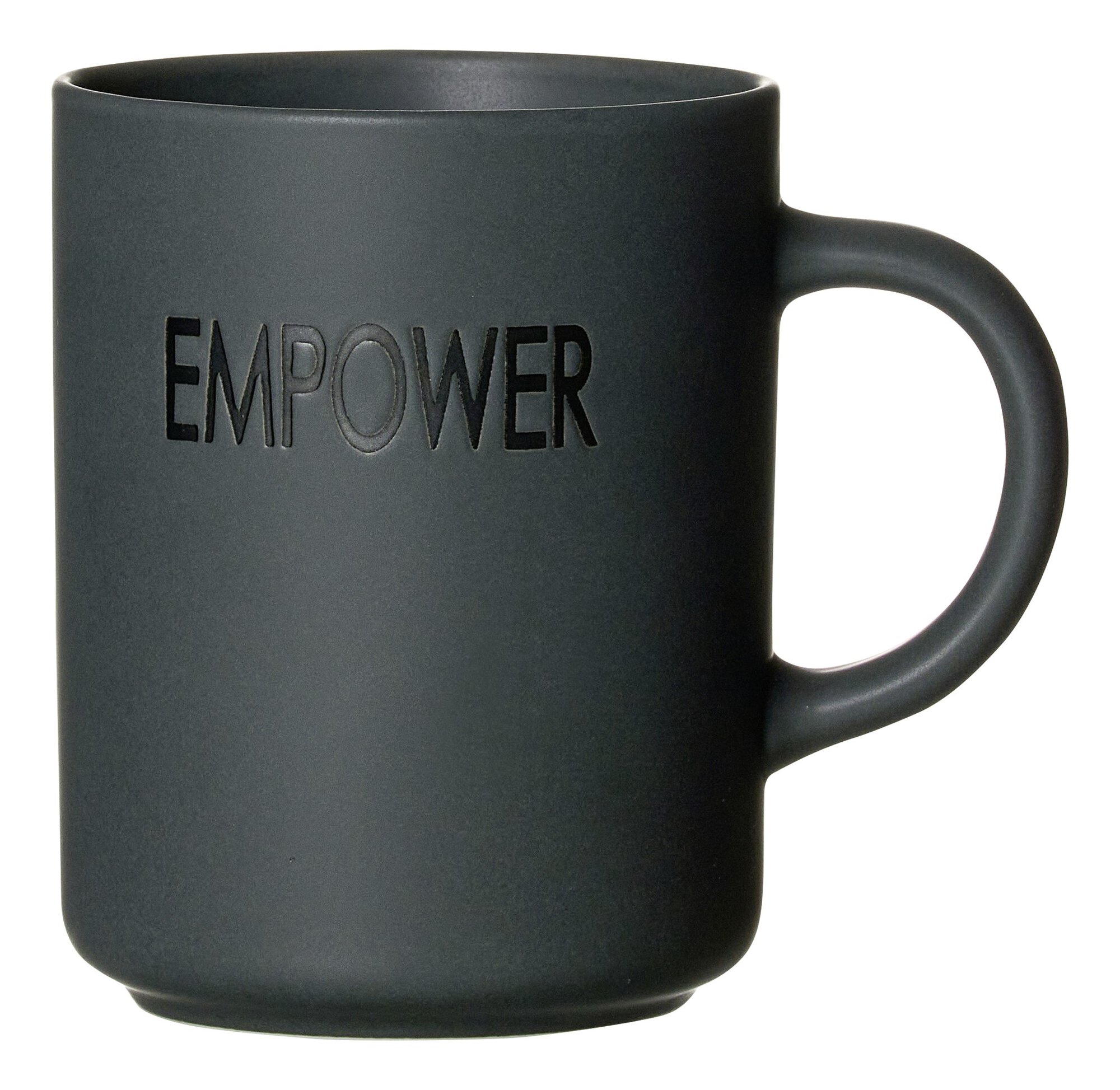 Schwarze Tasse aus Keramik mit Aufschrift EMPOWER