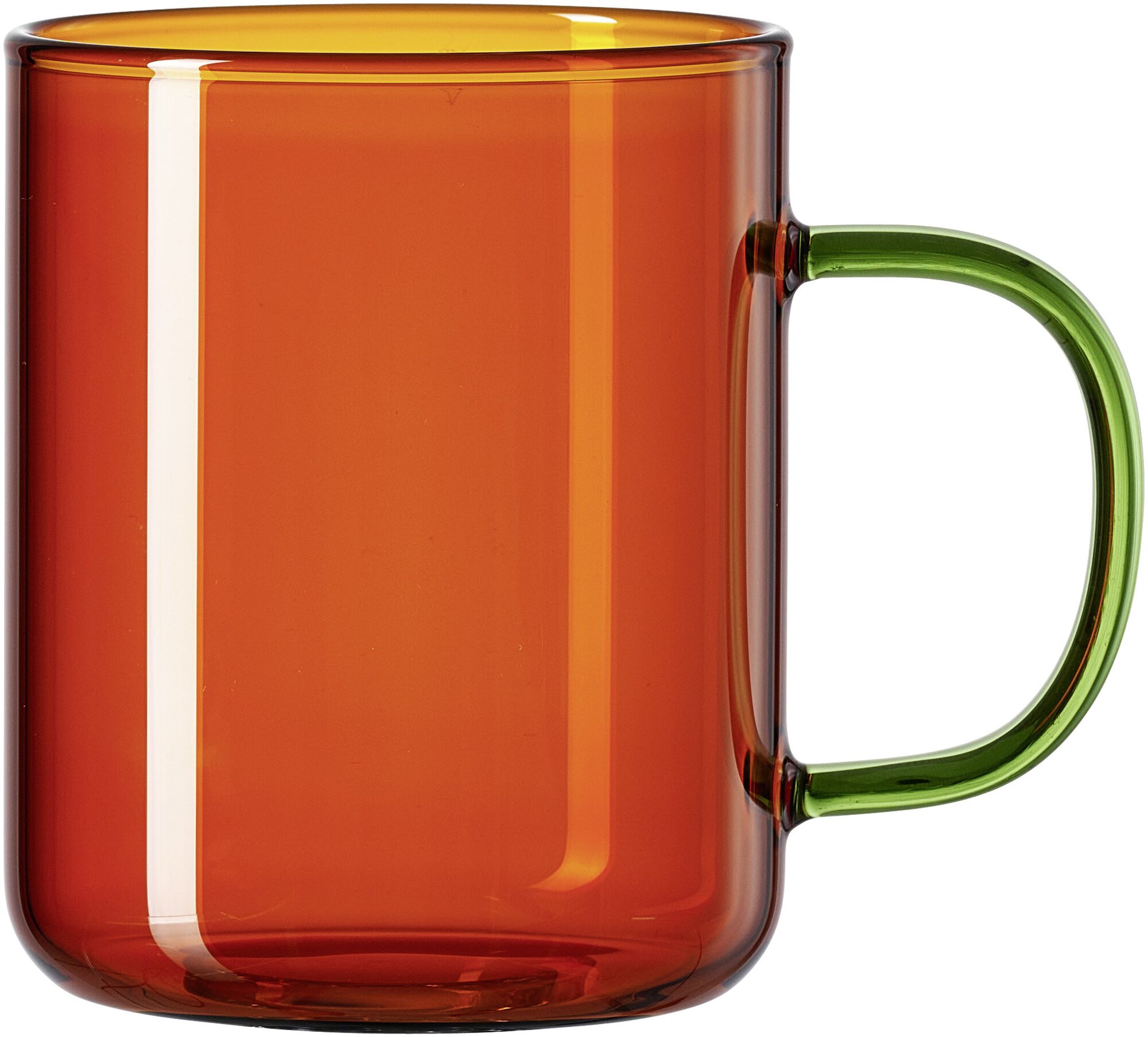 Orangefarbene Glas Kaffeetasse mit grünem Henkel