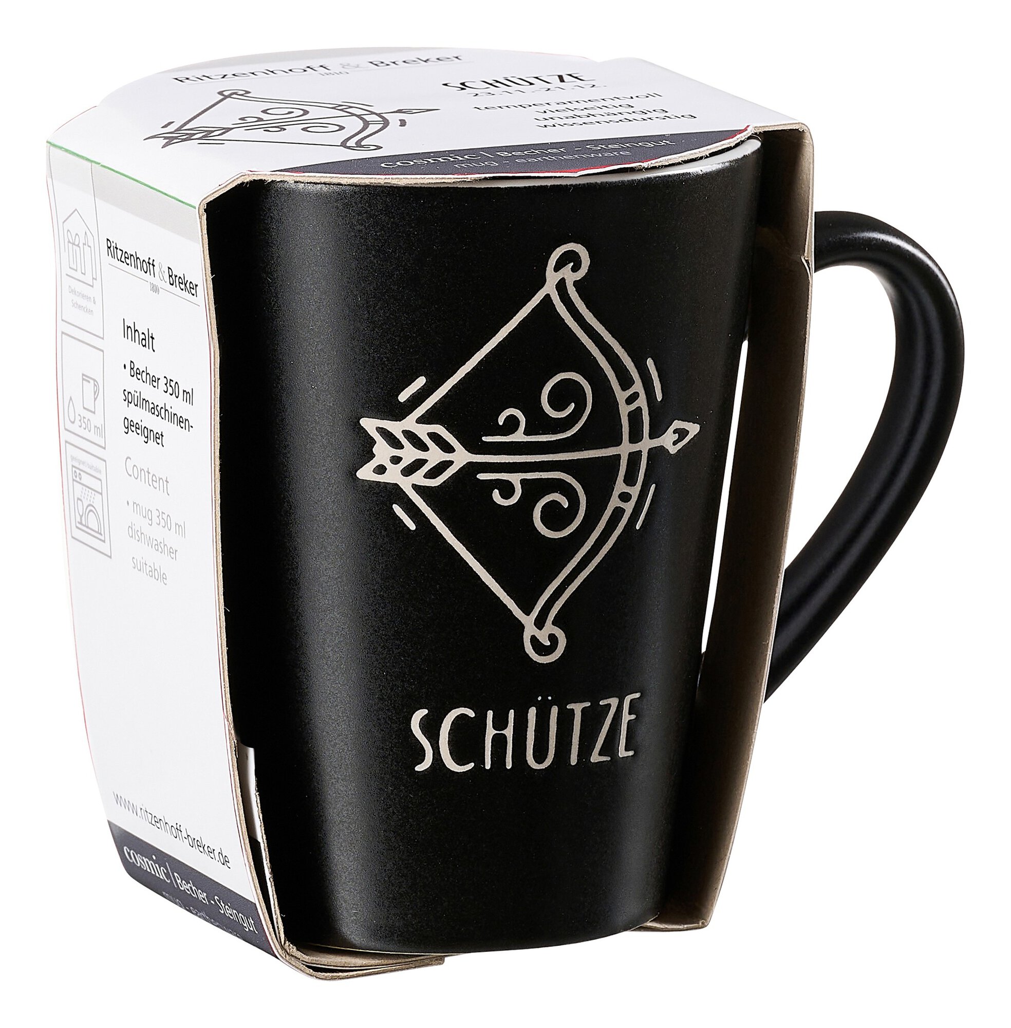 Schwarzer Becher mit Schütze Sternzeichen Motiv und Schrift