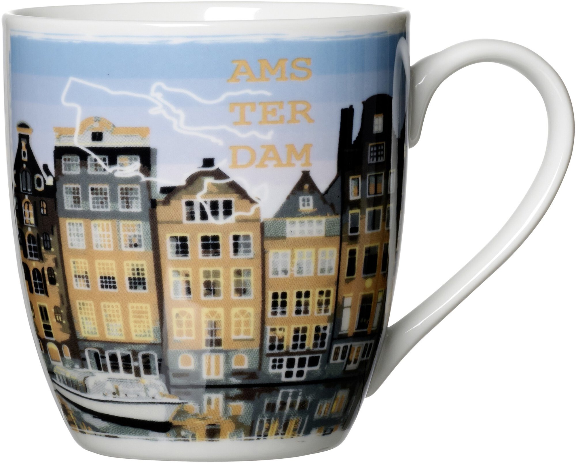 Keramiktasse mit Zeichnung von Amsterdamer Häusern und Boot