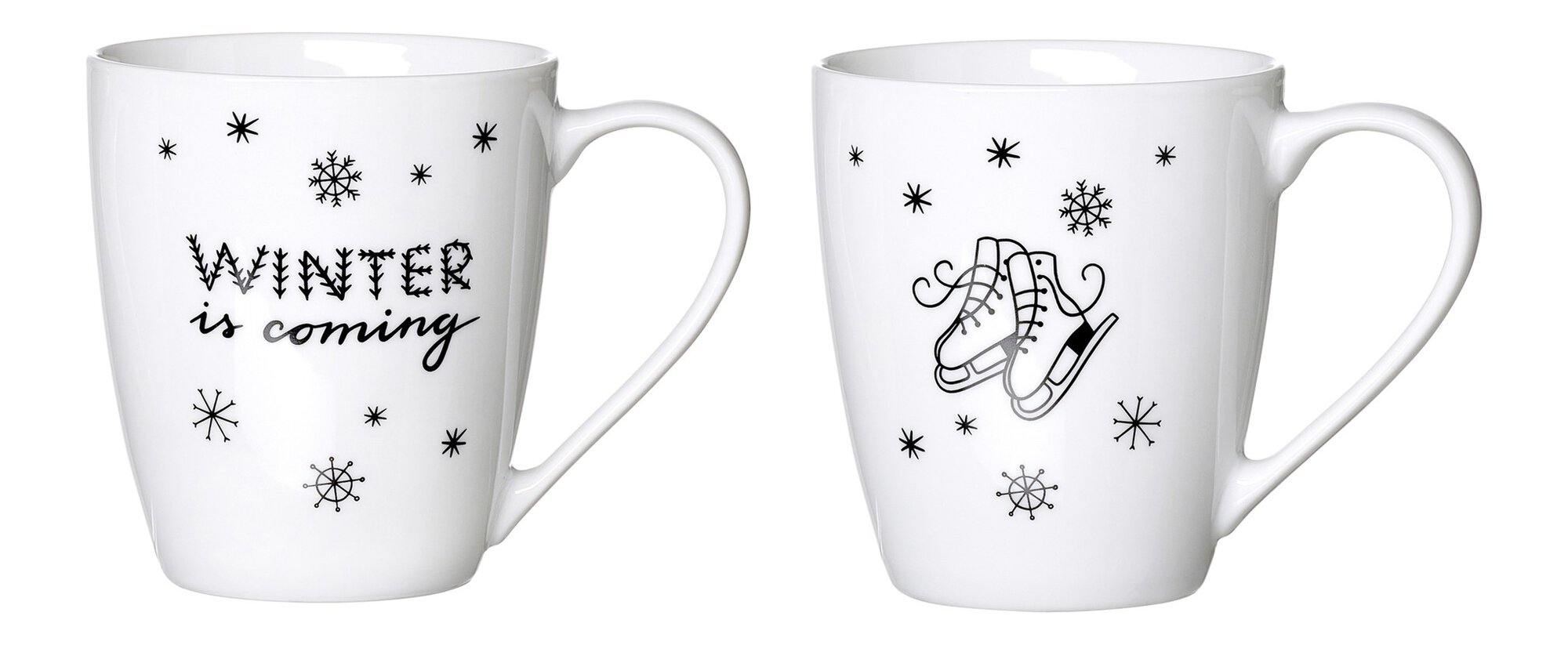 Zwei weiße Tassen mit Winter-Design und Schriftzug "Winter i