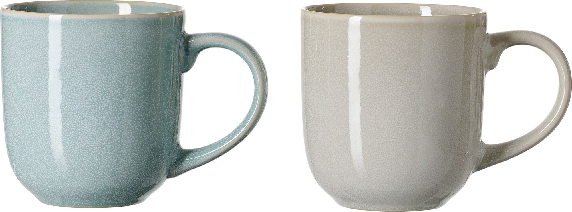 Zwei Keramiktassen in Grau und Beige mit Henkel für heißen K