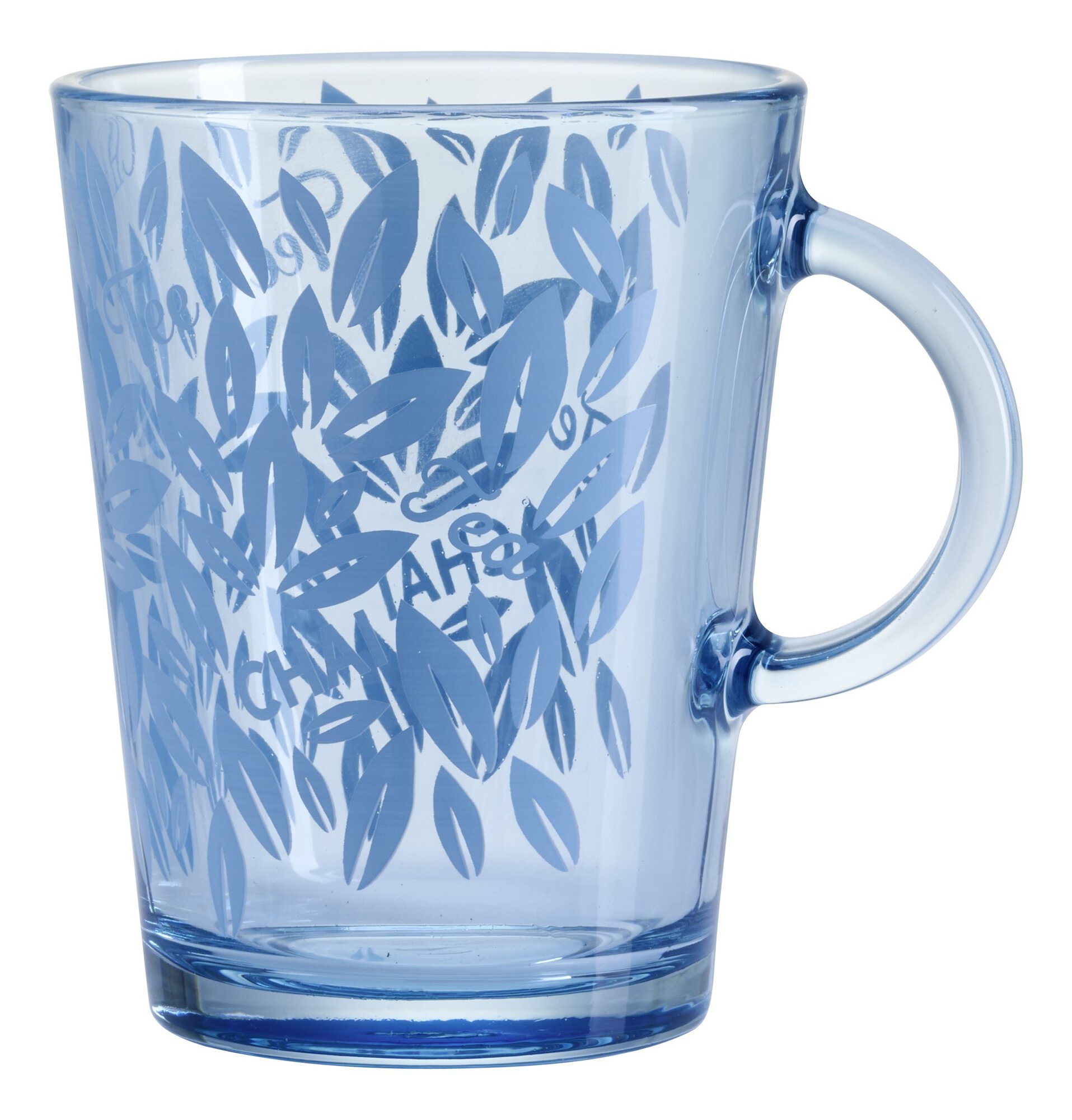 Blauer Glasbecher mit transparentem Blattmotiv und rundem He