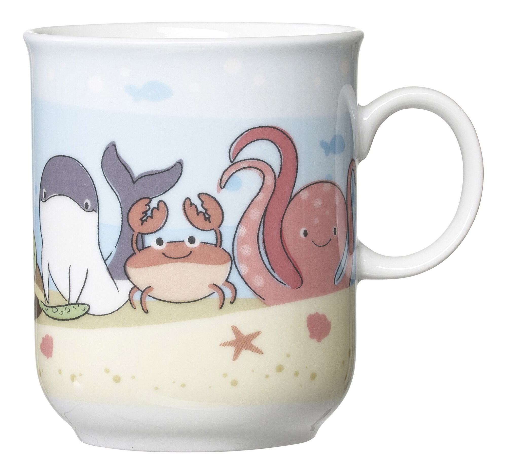 Porzellanbecher mit Krabbe, Oktopus und Wal als Meeresmotive