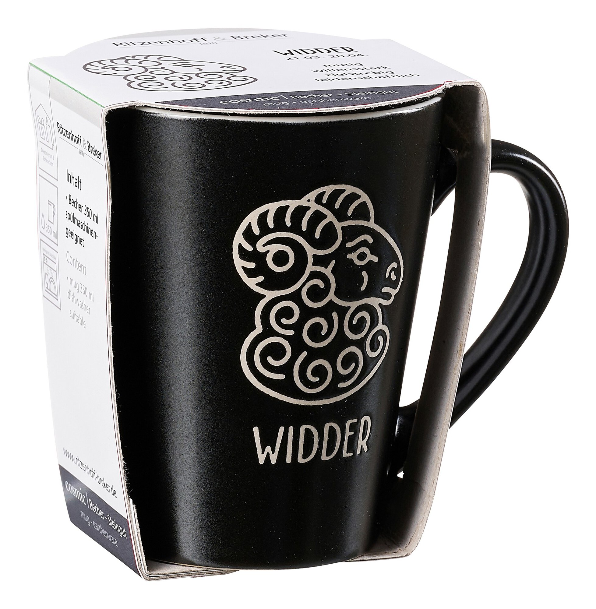 Schwarze Tasse mit Widder Sternzeichen auf weißem Karton
