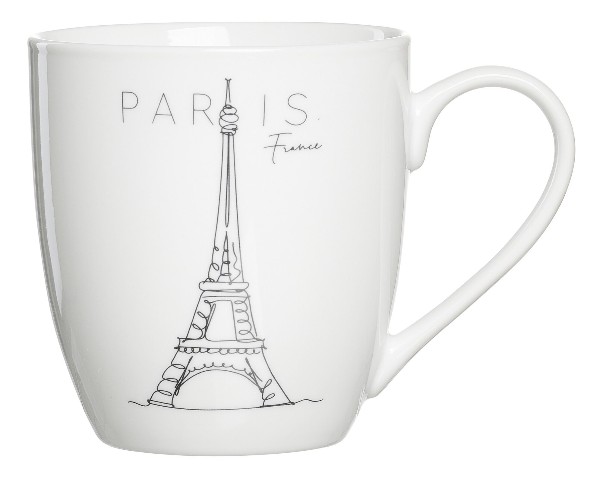 Weiße Porzellantasse mit Eiffelturmzeichnung und Paris Schri