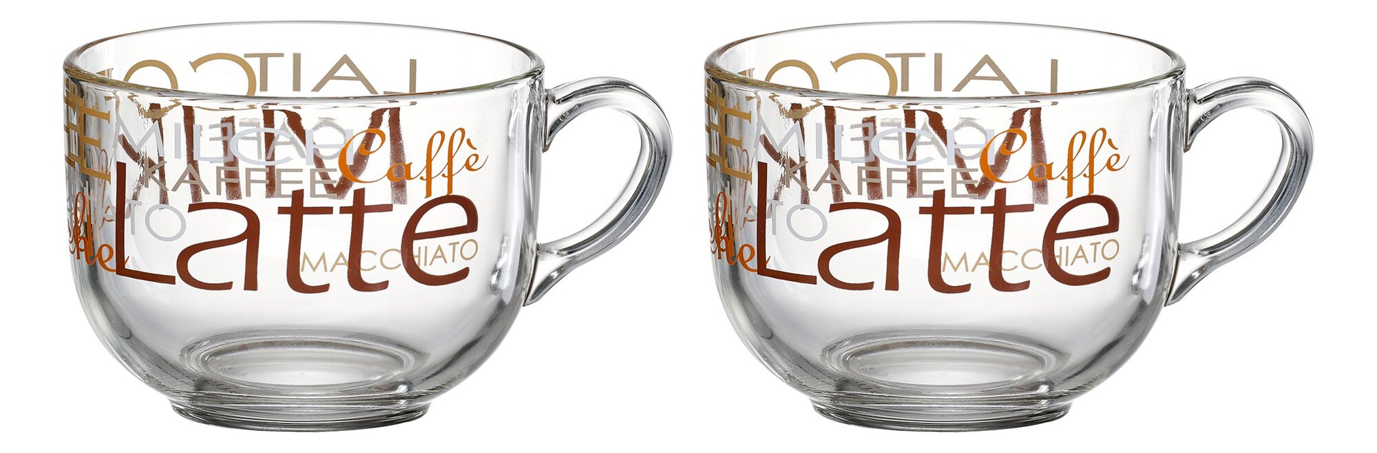 Zwei Latte-Gläser aus Glas mit buntem SchriftzugCaffè