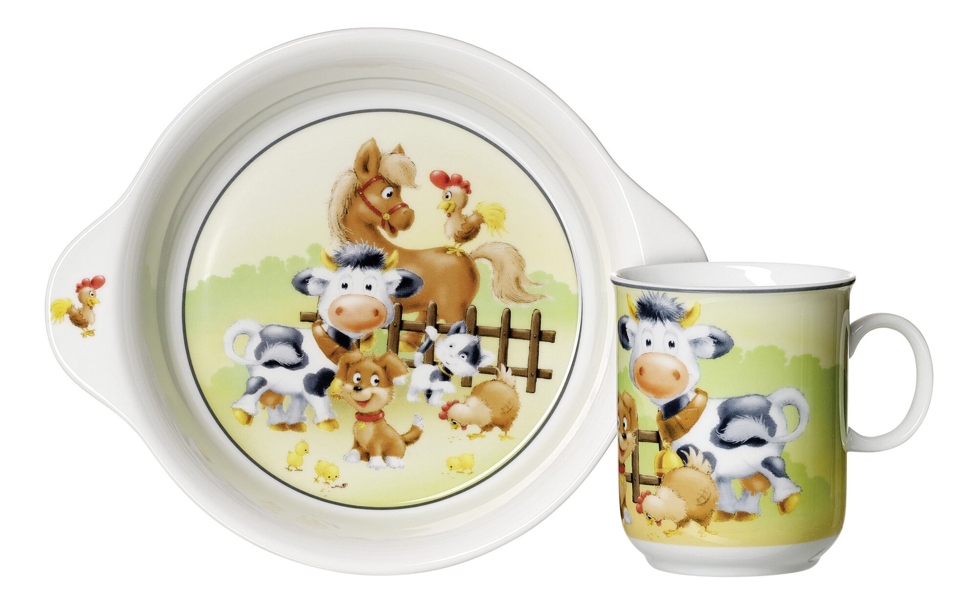 Kinderteller und Tasse mit bunten Bauernhoftieren