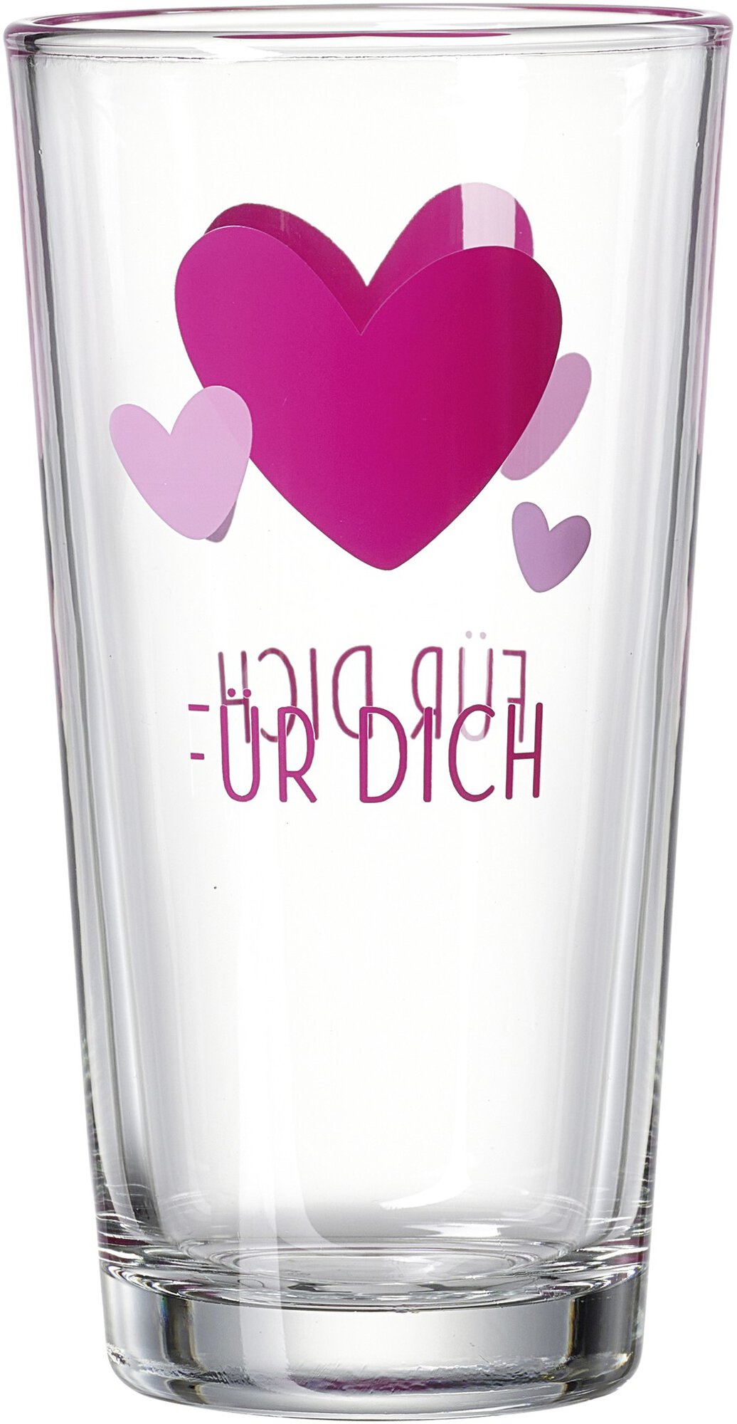 Klares Trinkglas mit pinken Herzen und Aufschrift Für Dich