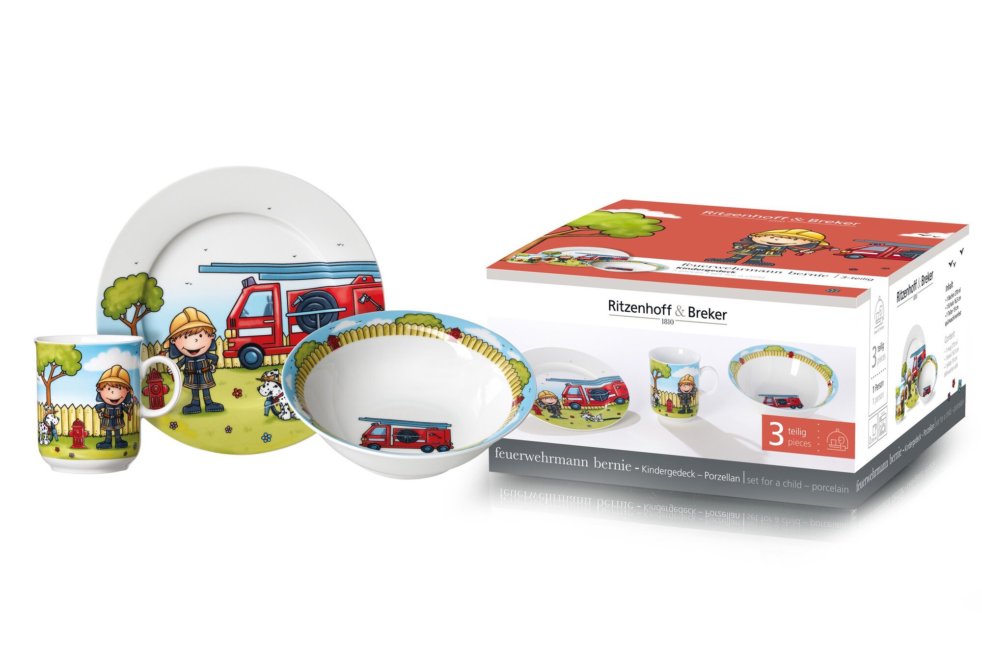 Kindergeschirrset mit Feuerwehrmann Bernie Teller Schale Bec