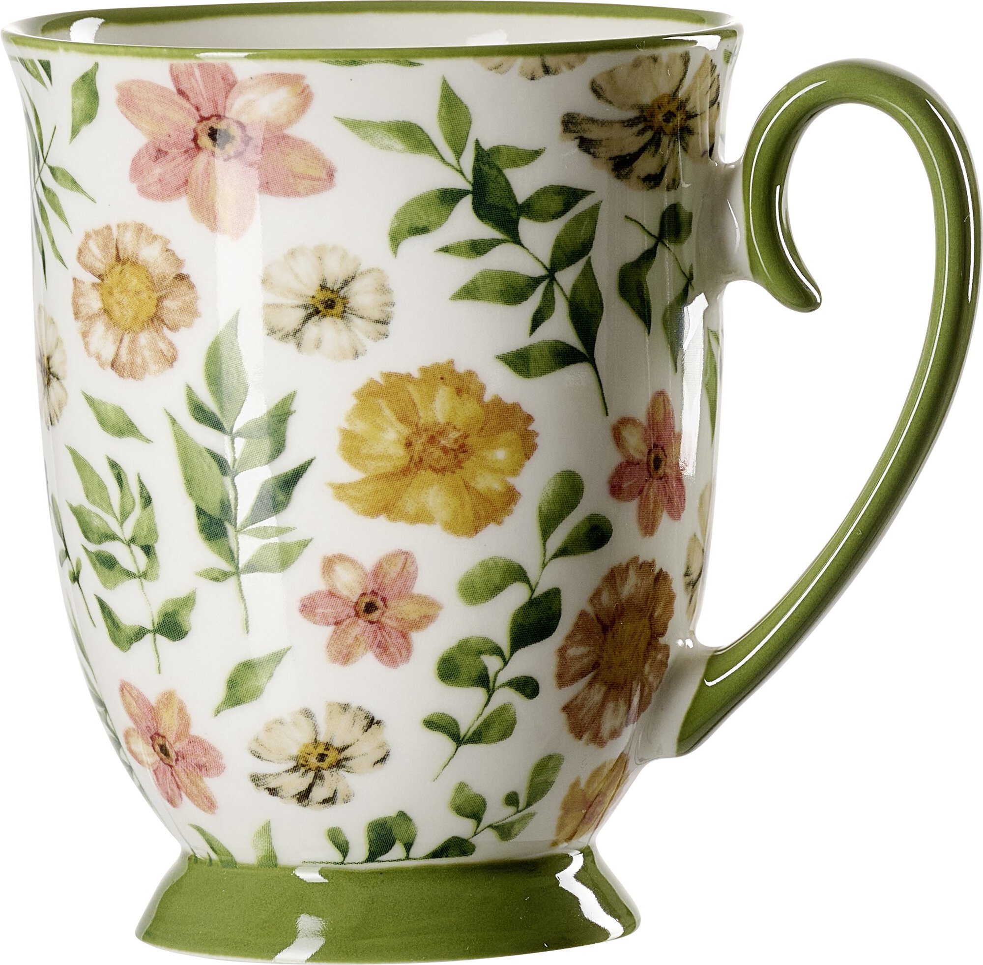 Weißer Becher mit buntem Blumenmuster und grünem Henkel