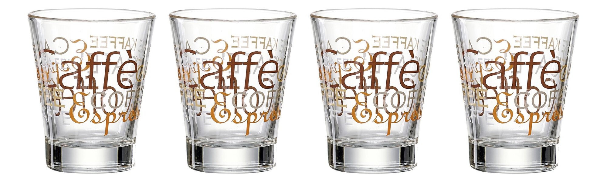 Vier Espressogläser mit braunem Kaffeetext-Motiv