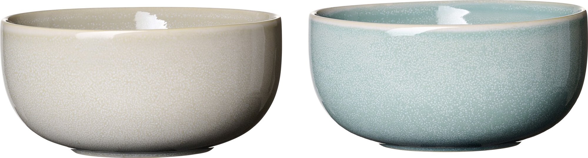 Zwei runde Keramikschalen in Beige und Blau
