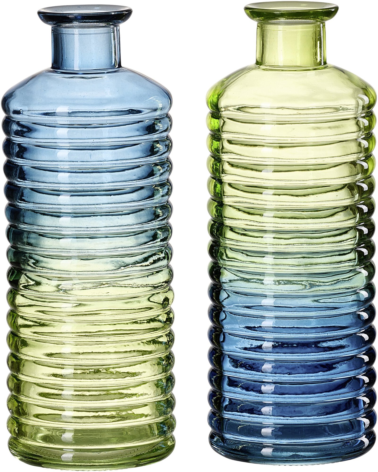 Zwei geriffelte Glasvasen im Blau-Grün Farbverlauf
