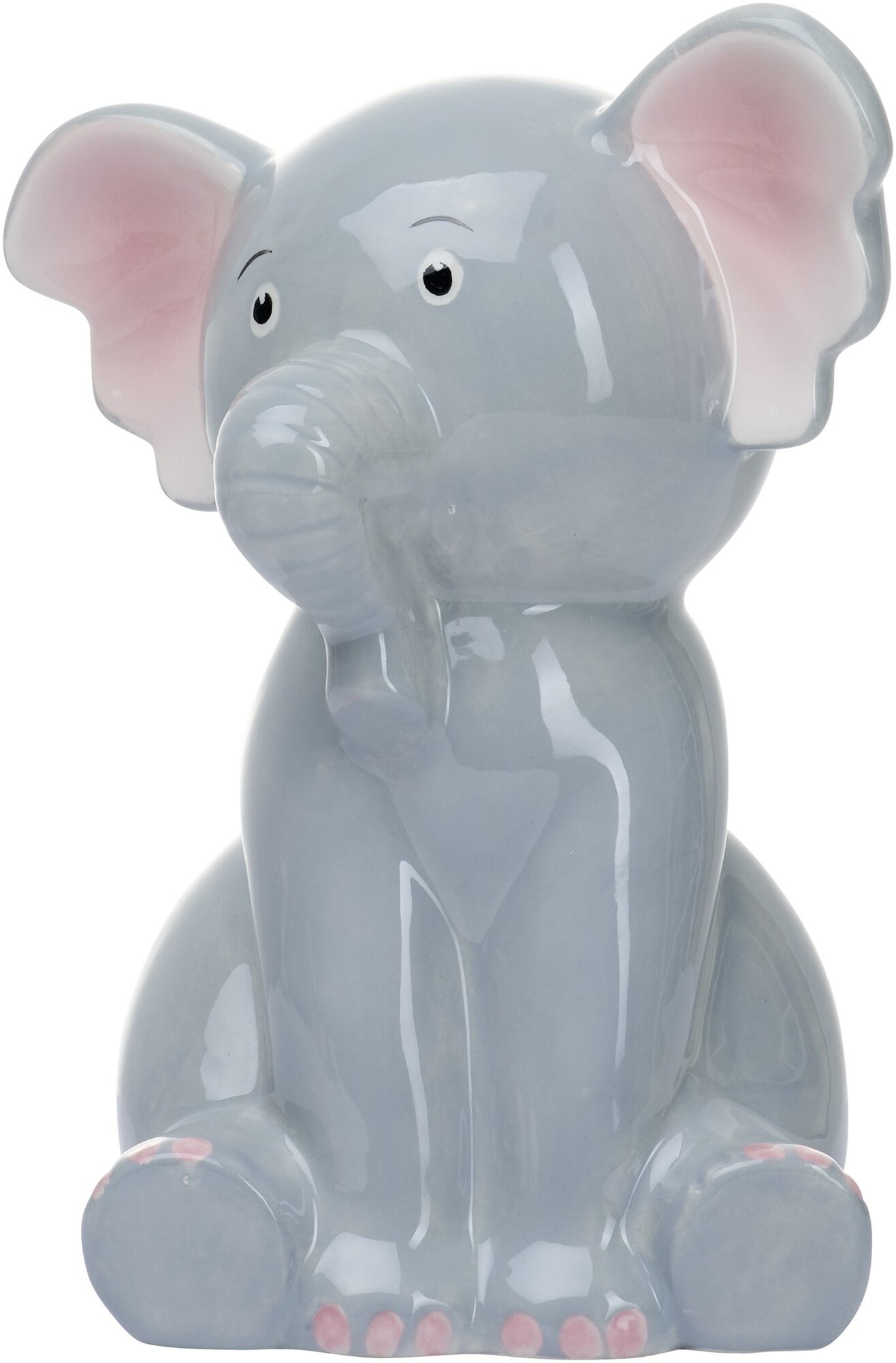 Graue Porzellan Elefantenfigur mit rosa Ohren sitzend