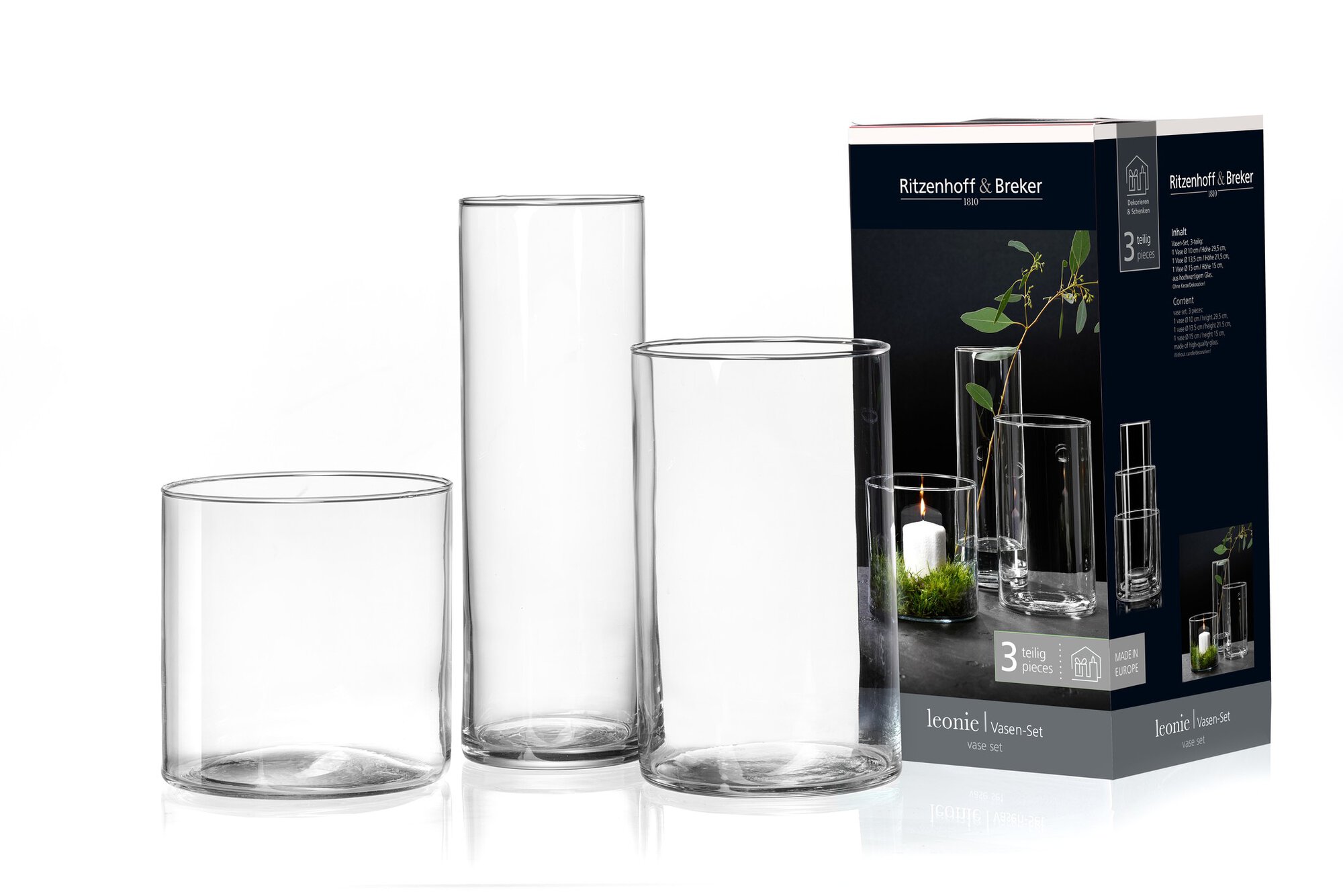 Drei verschieden große Glasvasen mit Verpackung von Ritzenho