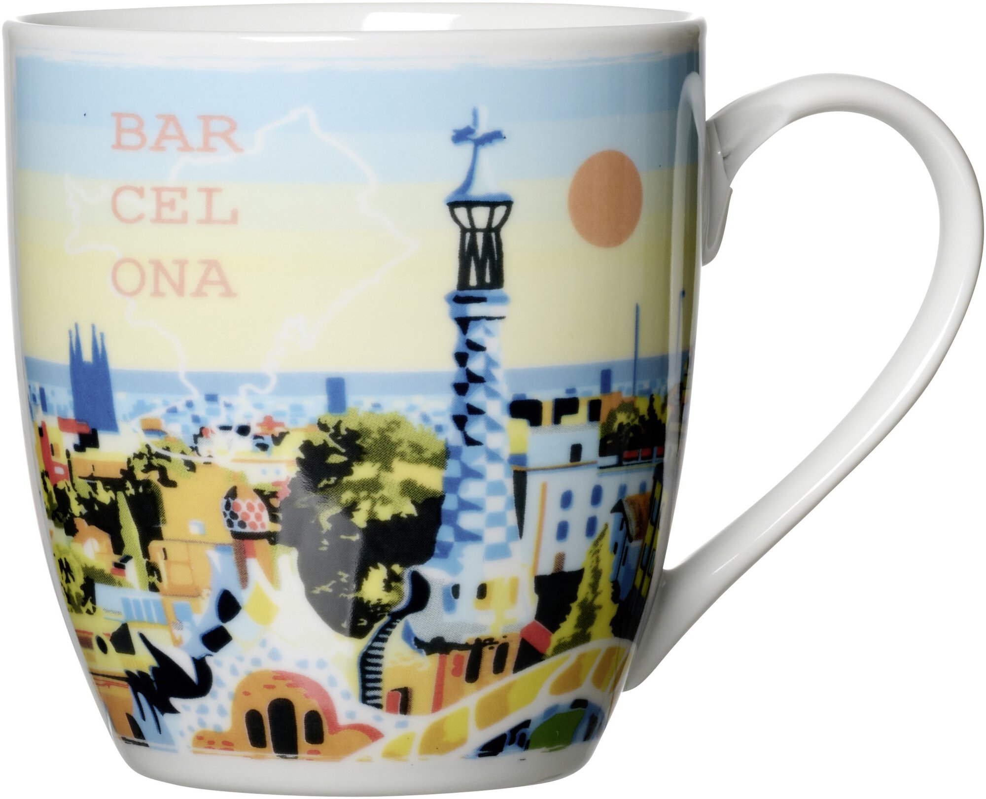 Weiße Tasse mit buntem Barcelona Stadtbild und Schriftzug
