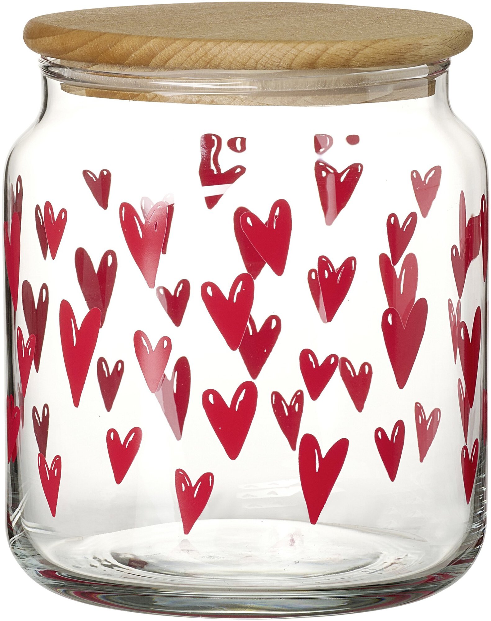 Vorratsglas mit roten Herzmotiven und Holzdeckel