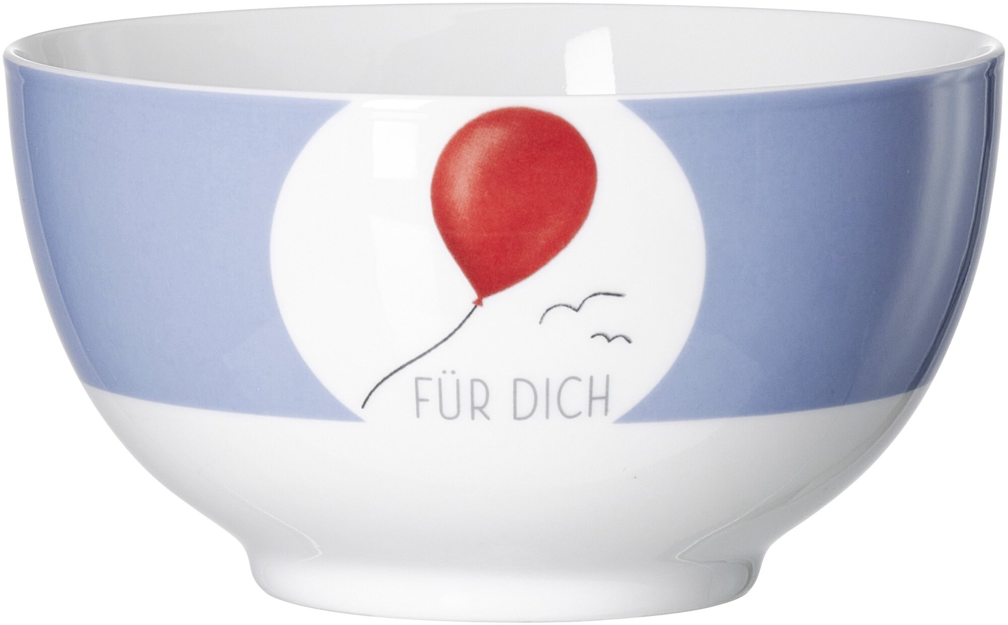 Porzellanschale mit blauem Rand und rotem Luftballon