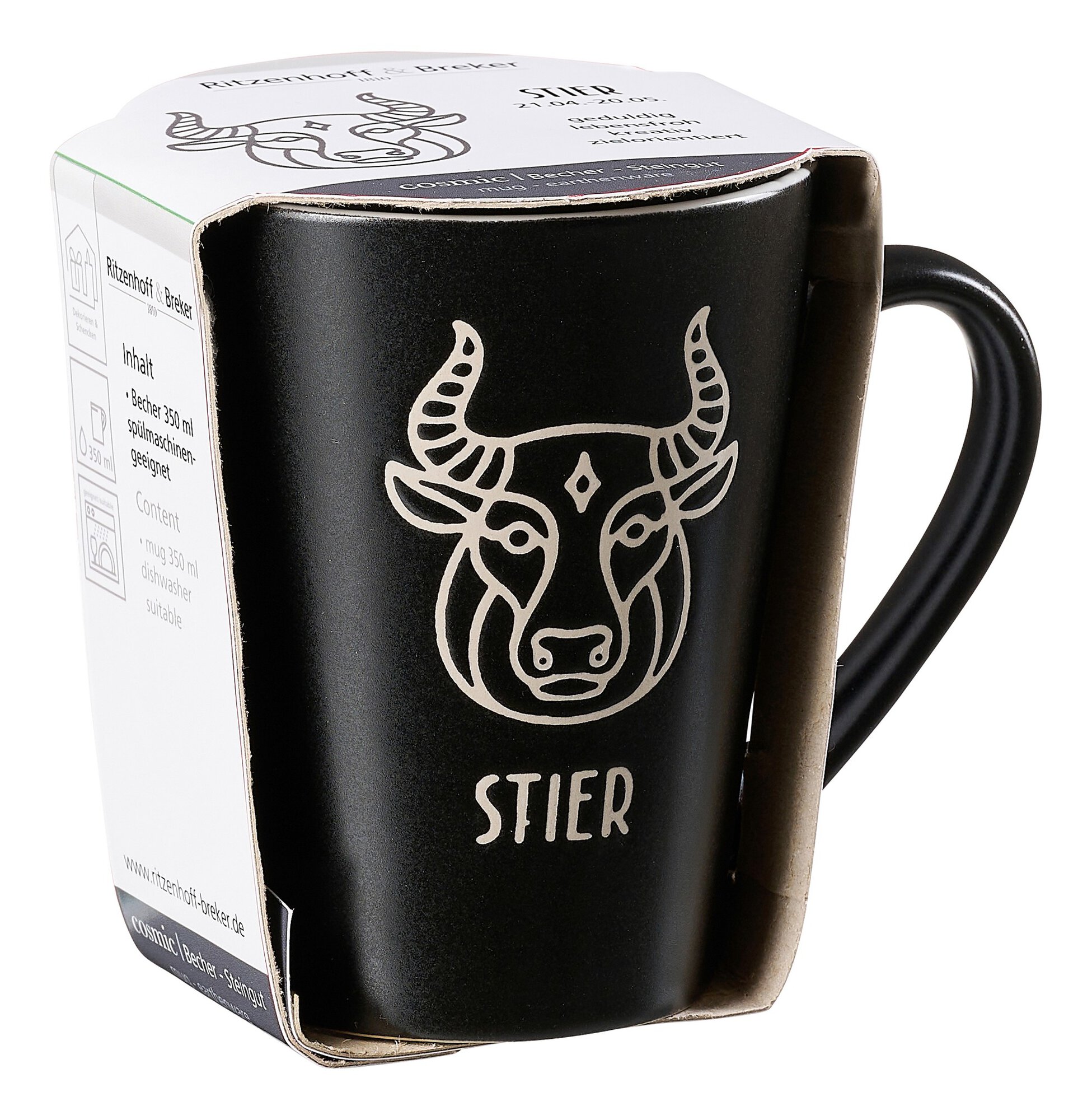 Schwarzer Steingutbecher mit Stier Motiv und 350ml Volumen