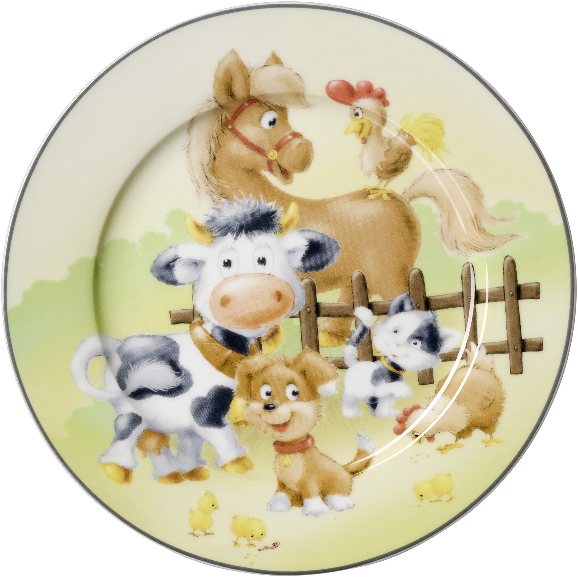 Runder Kinderteller mit bunten Bauernhoftier-Motiven