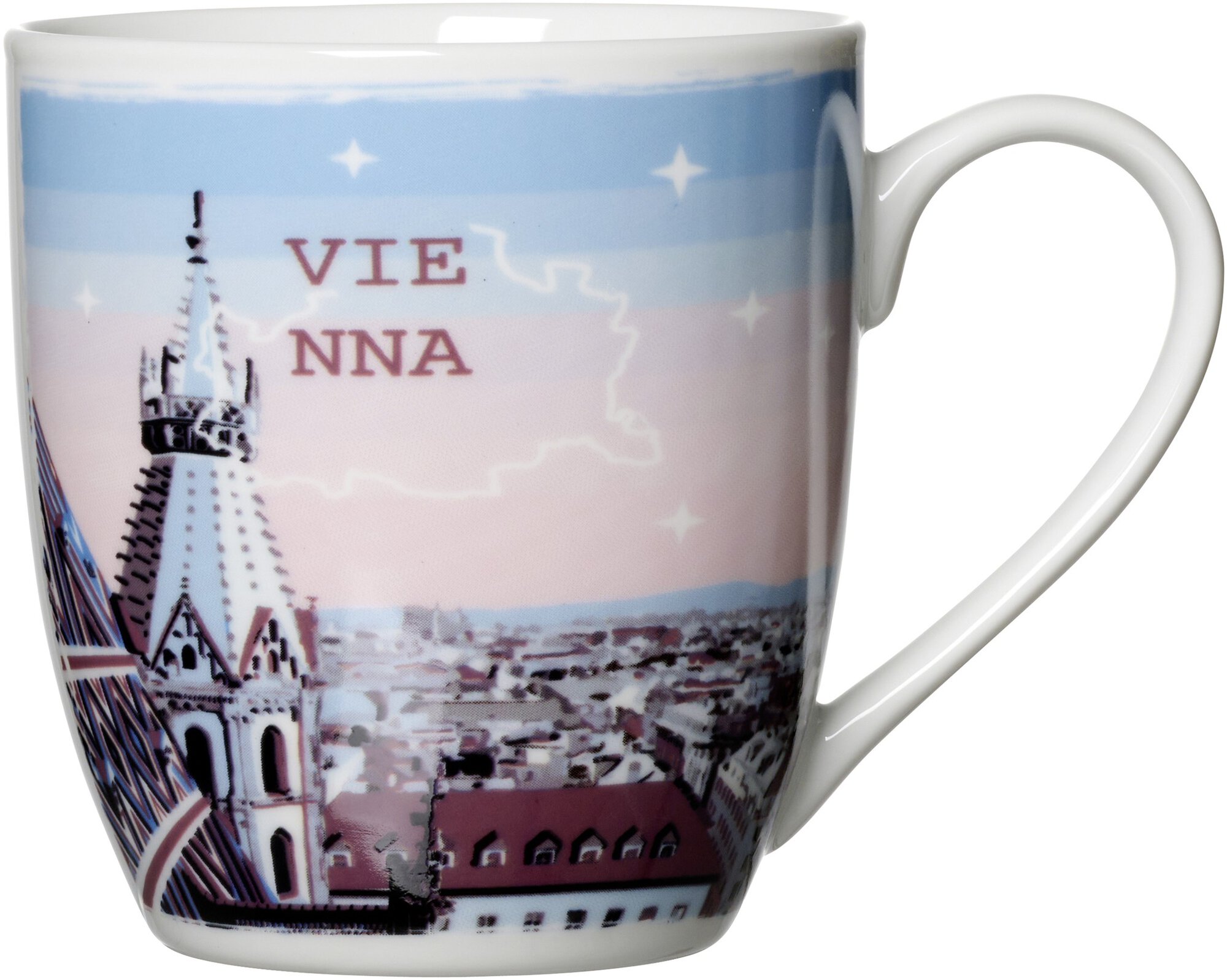 Weiße Tasse mit Bild von Wien und Schriftzug Vienna