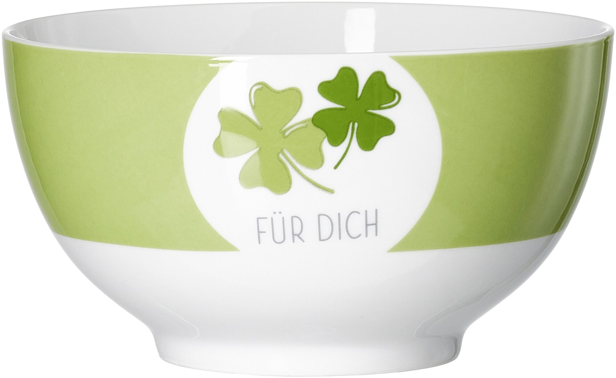 Grüne Porzellanschale mit zwei Kleeblättern und Text Für Dic