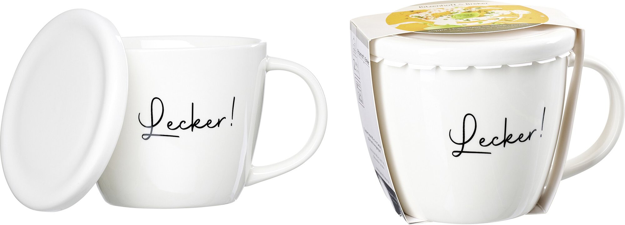 Weiße Tasse mit Deckel und Aufschrift Lecker!