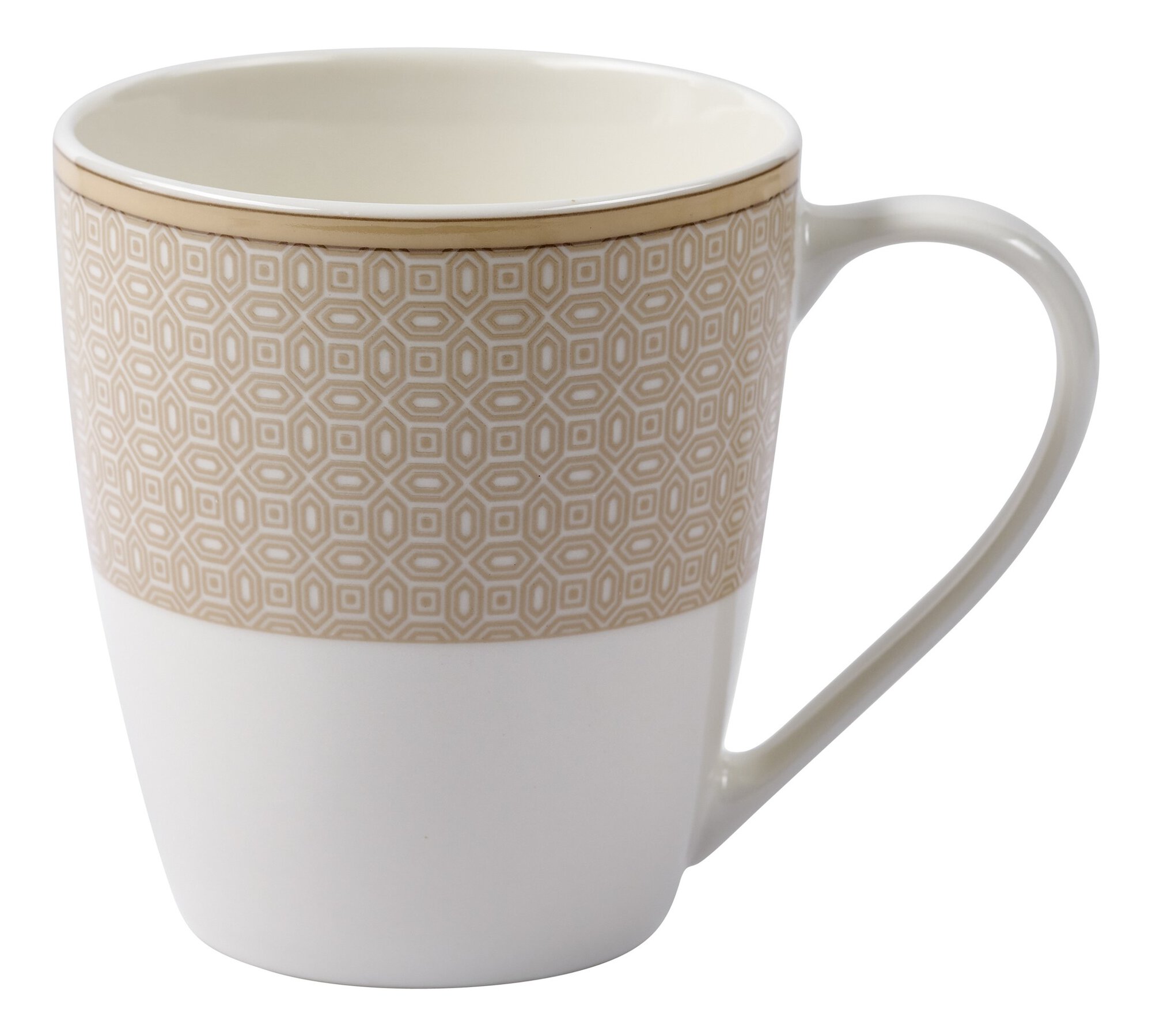 Weiße Tasse mit beigem geometrischem Muster und Henkel