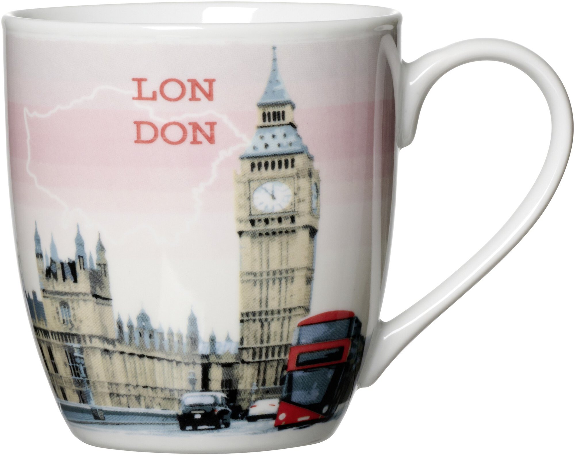 Keramiktasse mit Big Ben und rotem Doppeldeckerbus in London