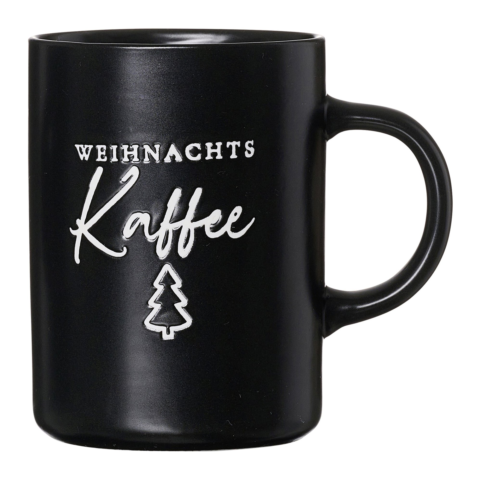 Schwarze Tasse mit Schriftzug Weihnachts Kaffee und Tannenba