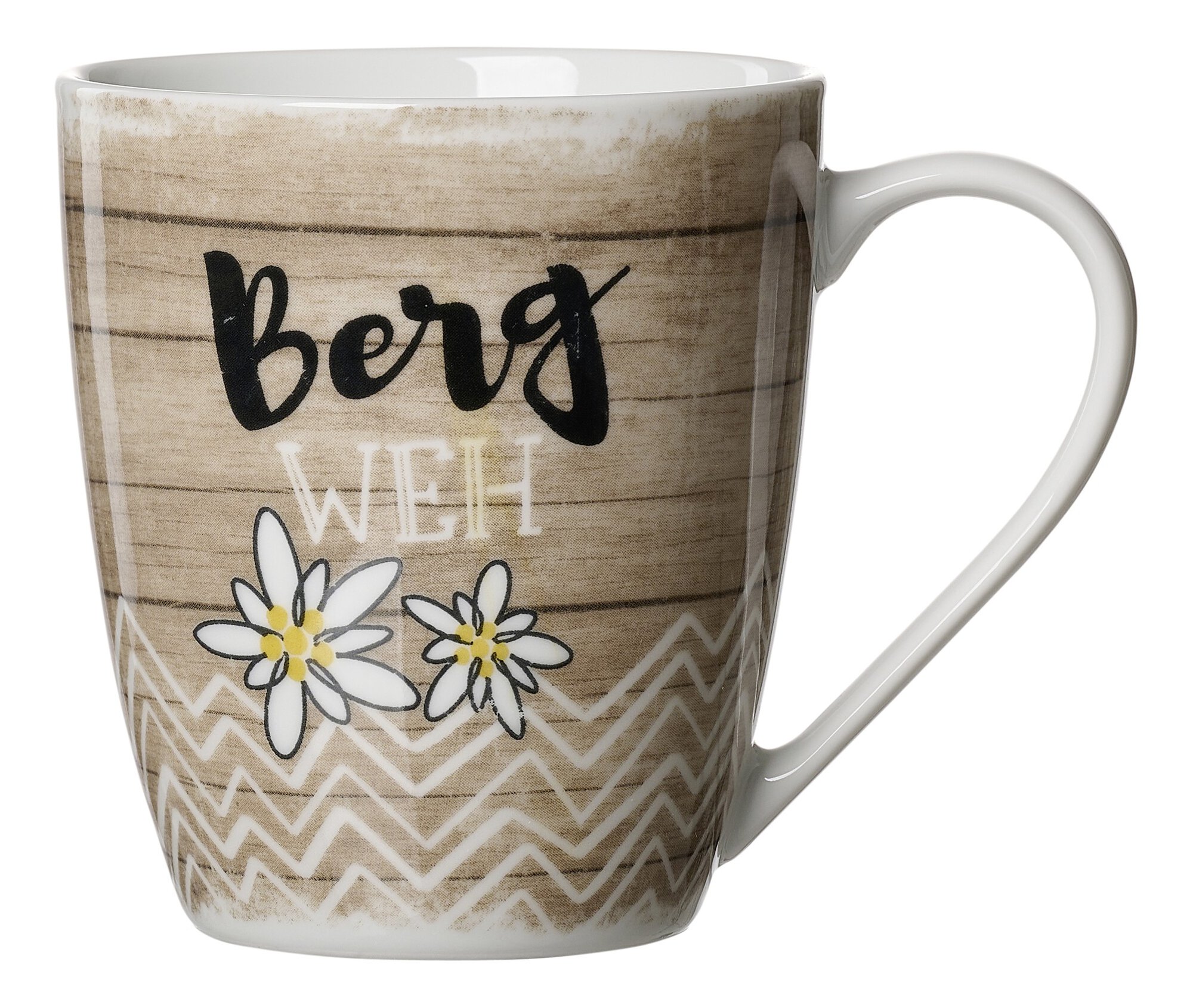 Kaffeetasse mit Bergweh Schrift und Edelweiß Blumen