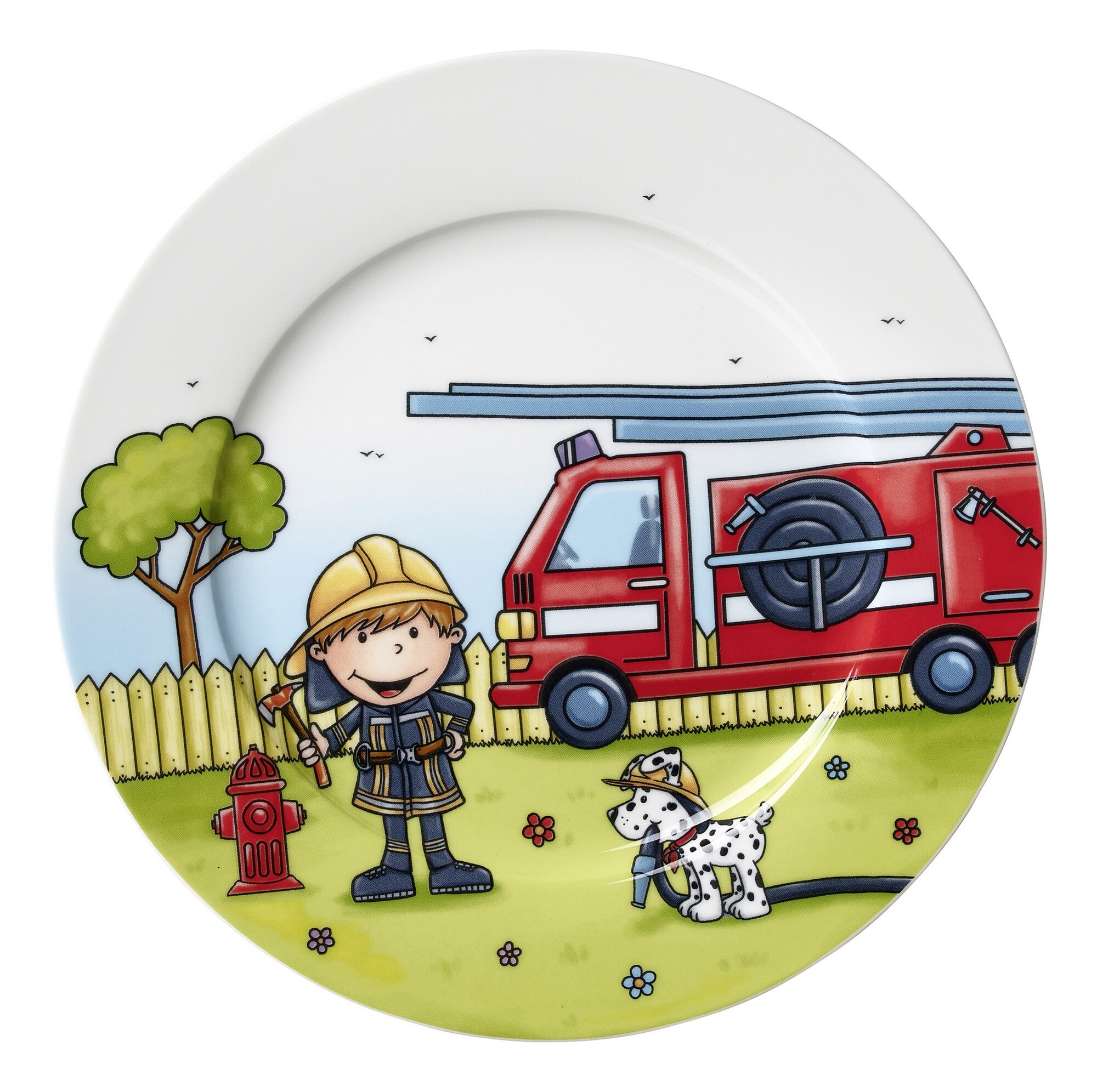 Bunter Kinderteller mit Feuerwehrmann, Hund und Feuerwehraut